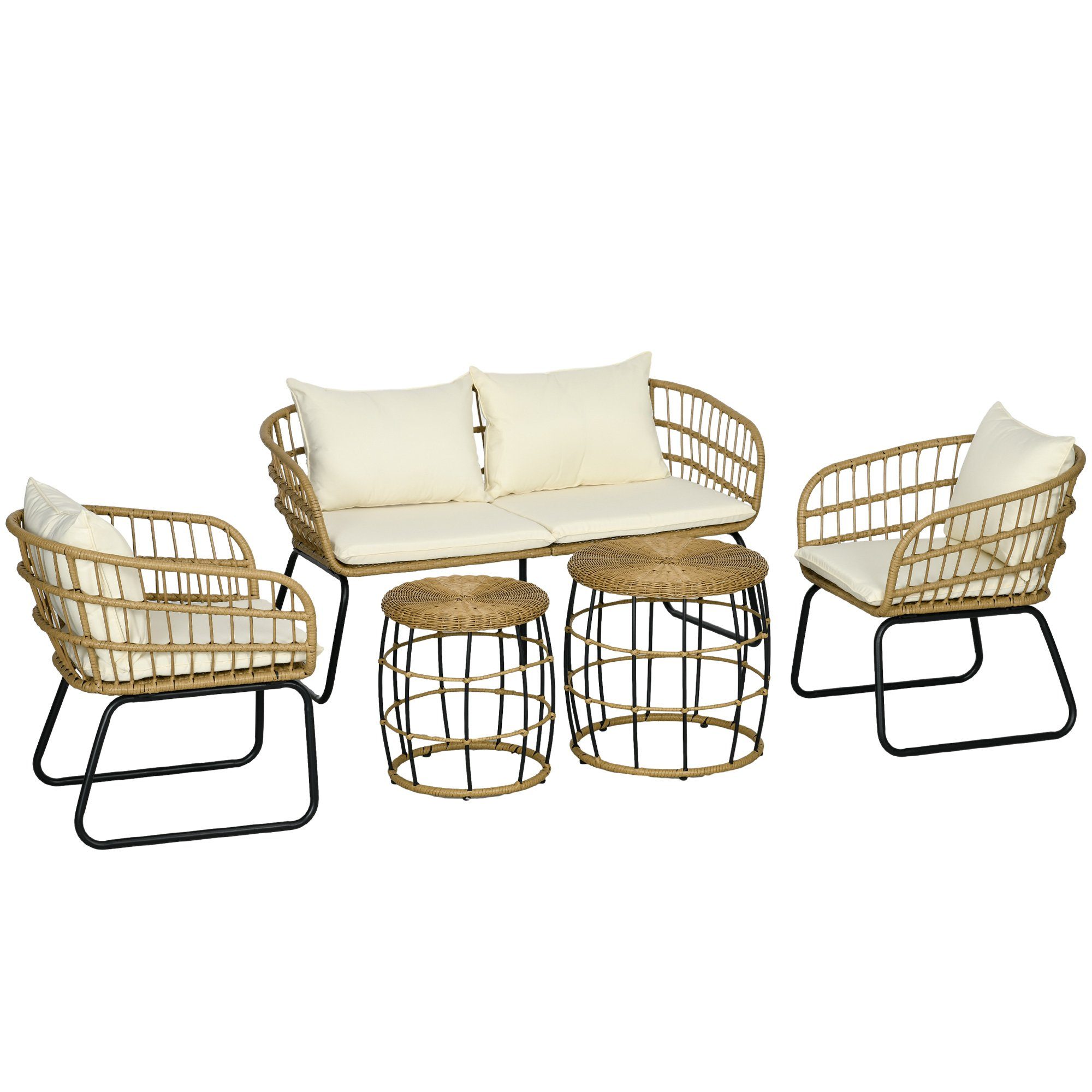 Outsunny Sitzgruppe Rattan Gartenmöbel-Set mit 2 Couchtischen, 2 Sesseln, 1 Doppelsofa, (Gartengarnitur, 5-tlg., Sitzgarnitur), für Garten, Terrasse, Stahl, Beige