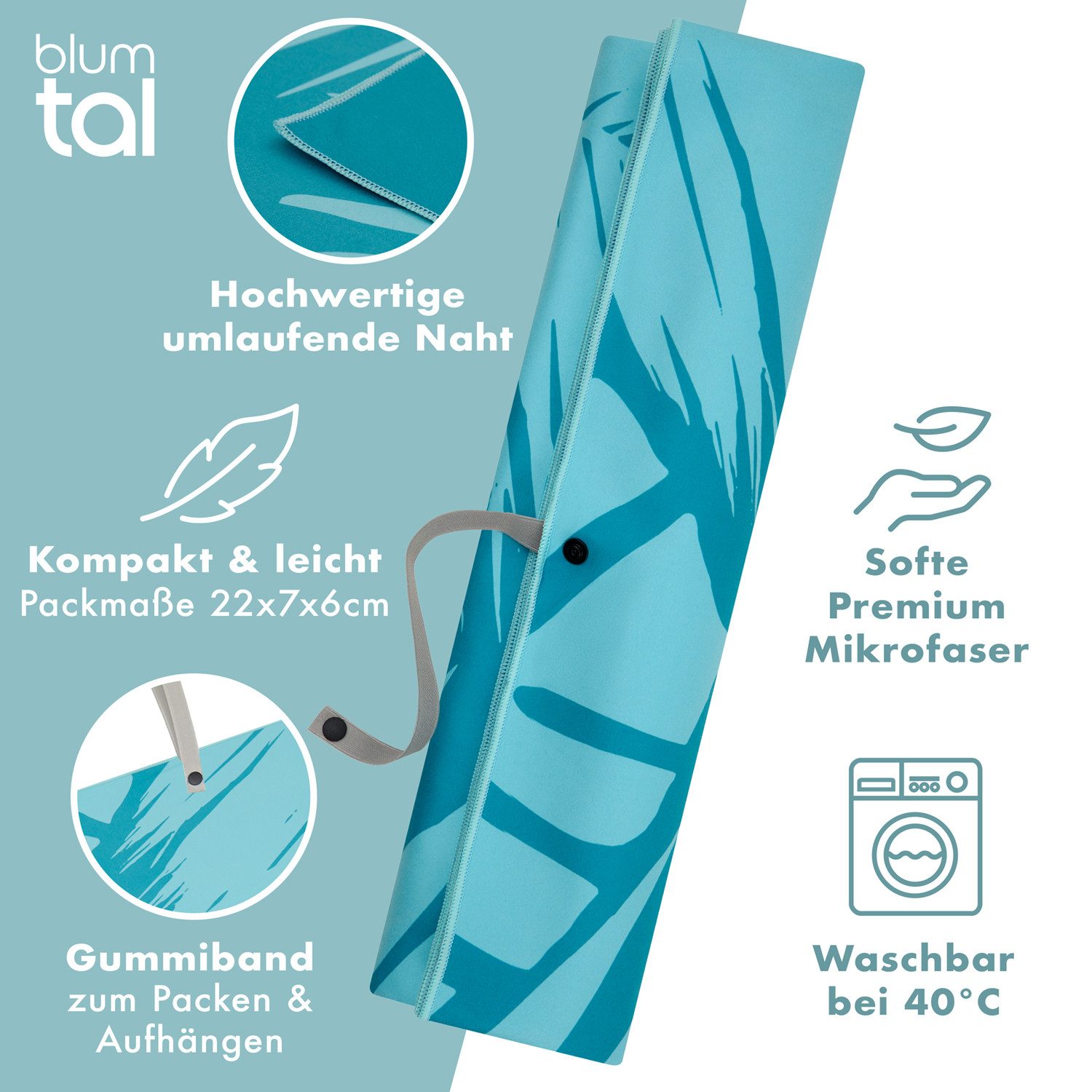 Blumtal Reisehandtuch Strandhandtuch 90x180 cm aus Mikrofaser - kompakt & schnelltrocknend, sandfrei mit Band - Mikrofaser Handtuch groß mit Wellen-Muster