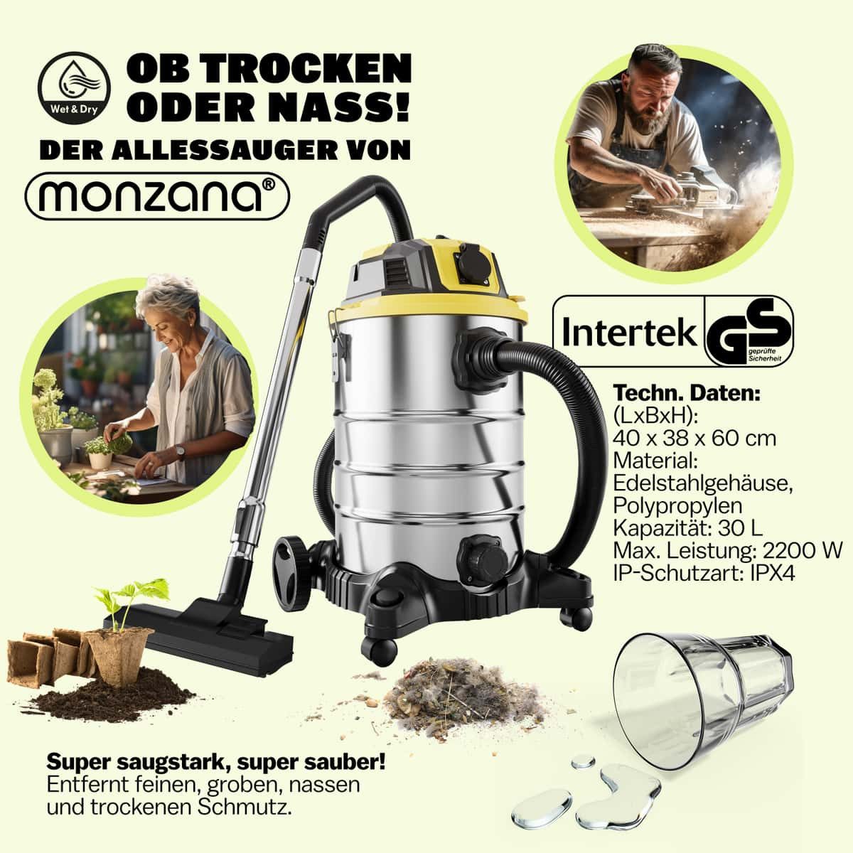 monzana Industriesauger, Nass &- Trockensauger 1200W Blasfunktion 30L Behälter 1000W Steckdose
