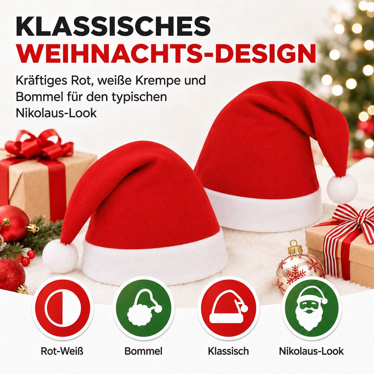 Weihnachtswunder® Bommelmütze 2 rote Samt-Weihnachtsmützen mit weißem Rand und Bommel (2er Set, 2 Stück) weicher Samt – Bild 5 von 5