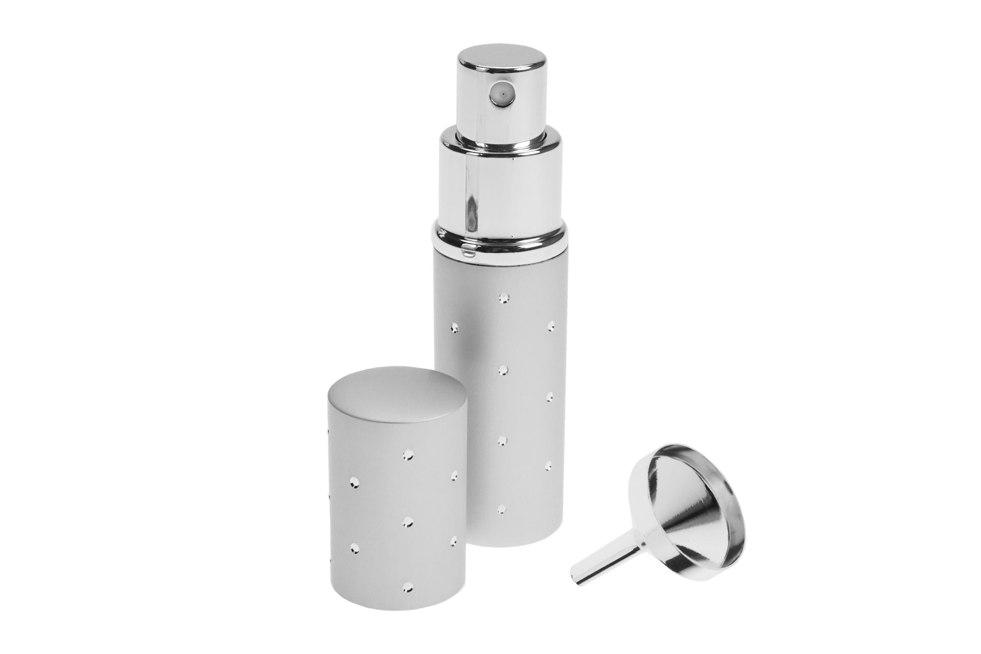 Fantasia Beauty Parfümzerstäuber Taschenzerstäuber Silberfarben für 10 ml + Trichter silberfarben (1 St), Parfümzerstäuber Silberfarben mit Trichter silberfarben