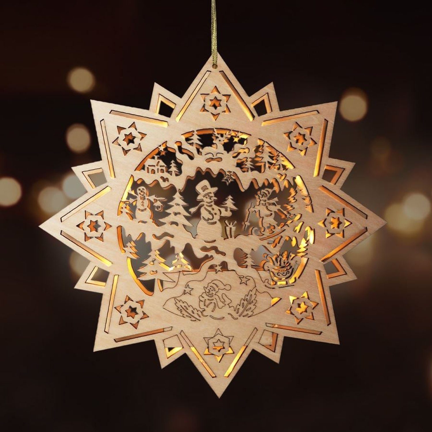 sesua Dekostern Weihnachtsstern Stern aus Holz 30cm 10 LED's Schneemann