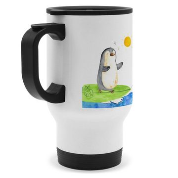 Mr. & Mrs. Panda Thermobecher Pinguin Surfer - Weiß - Geschenk, Warmhaltetasse, Thermobecher To Go, Edelstahl, Umweltfreundlich