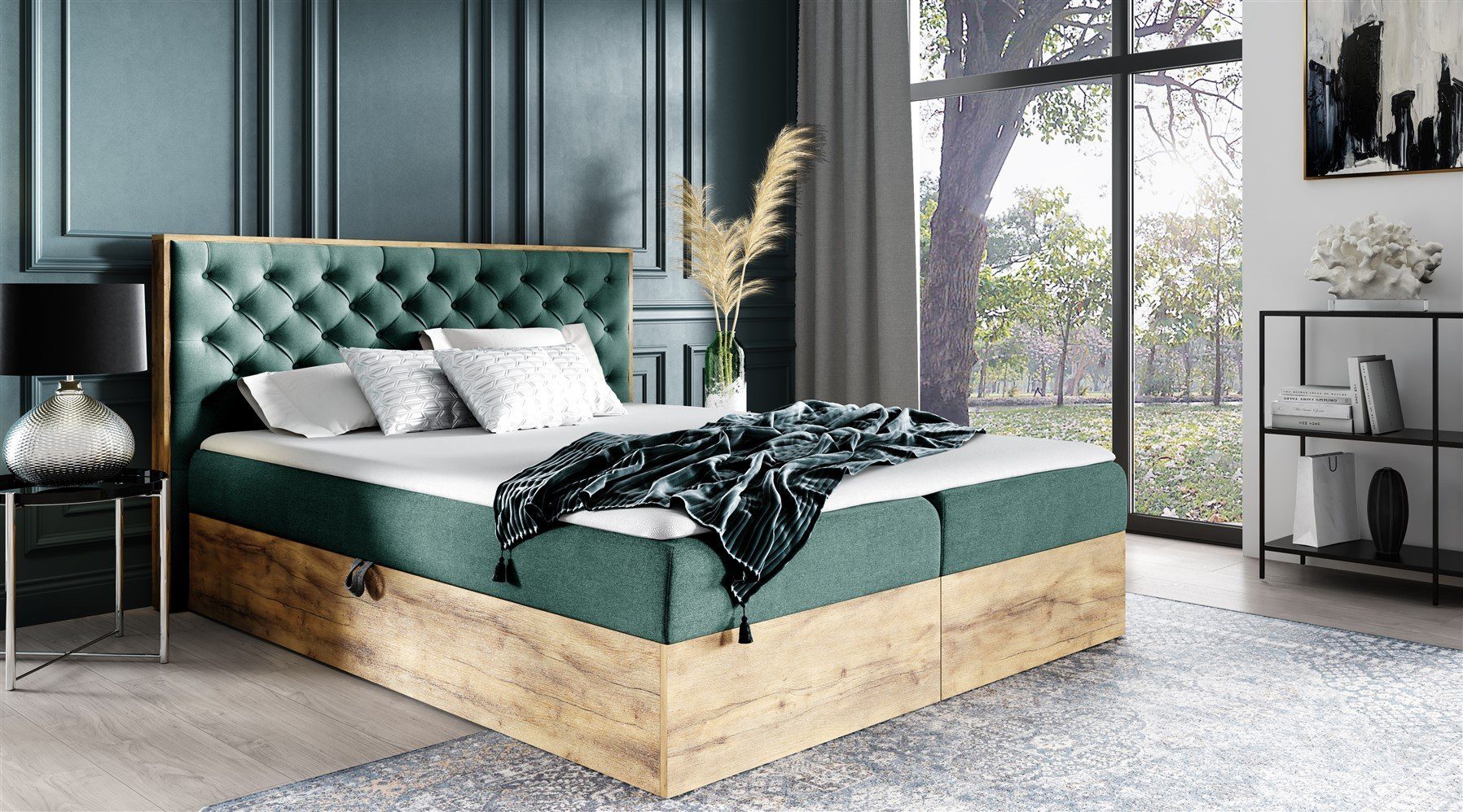 Fun Möbel Boxbett Schlafzimmerbett DIONA in Stoff Faro (auch in Überlänge erhältlich, inkl. Kaltschaumtopper und Bettkästen), Rahmen des Bettes in Artisan Eichen-Optik