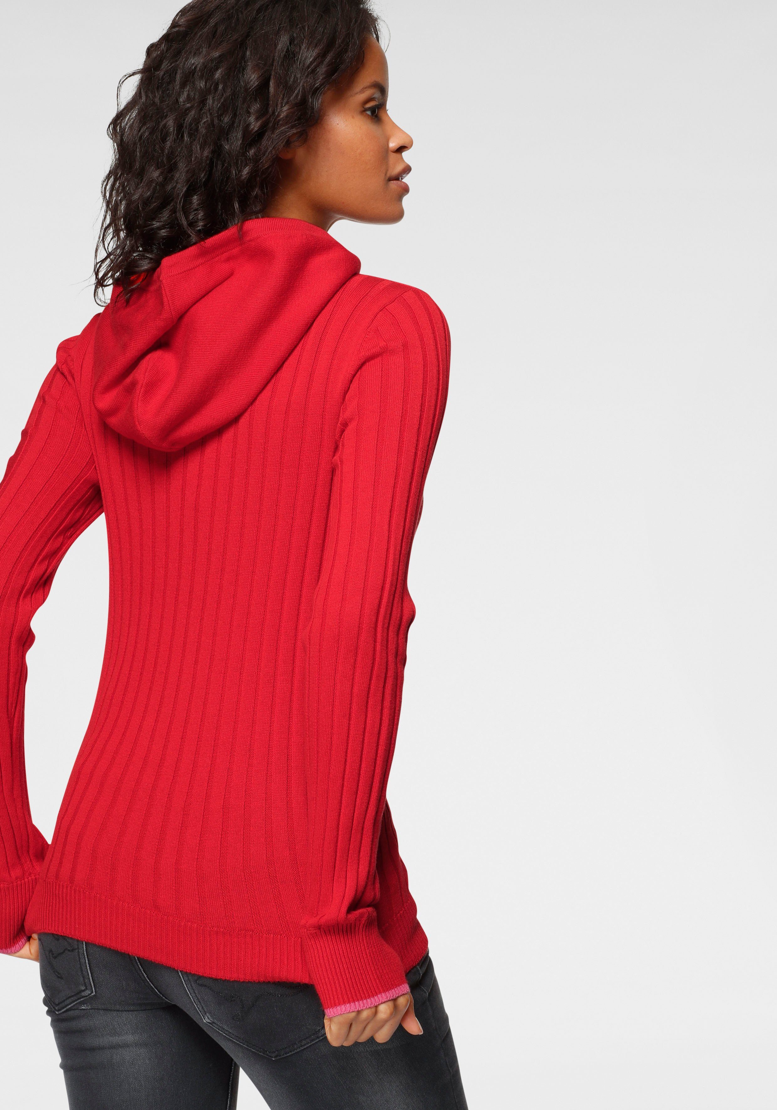 Damen Pullover KangaROOS Strickpullover mit kontrastfarbener Kapuzeninnenseite und Logodruck auf dem Arm