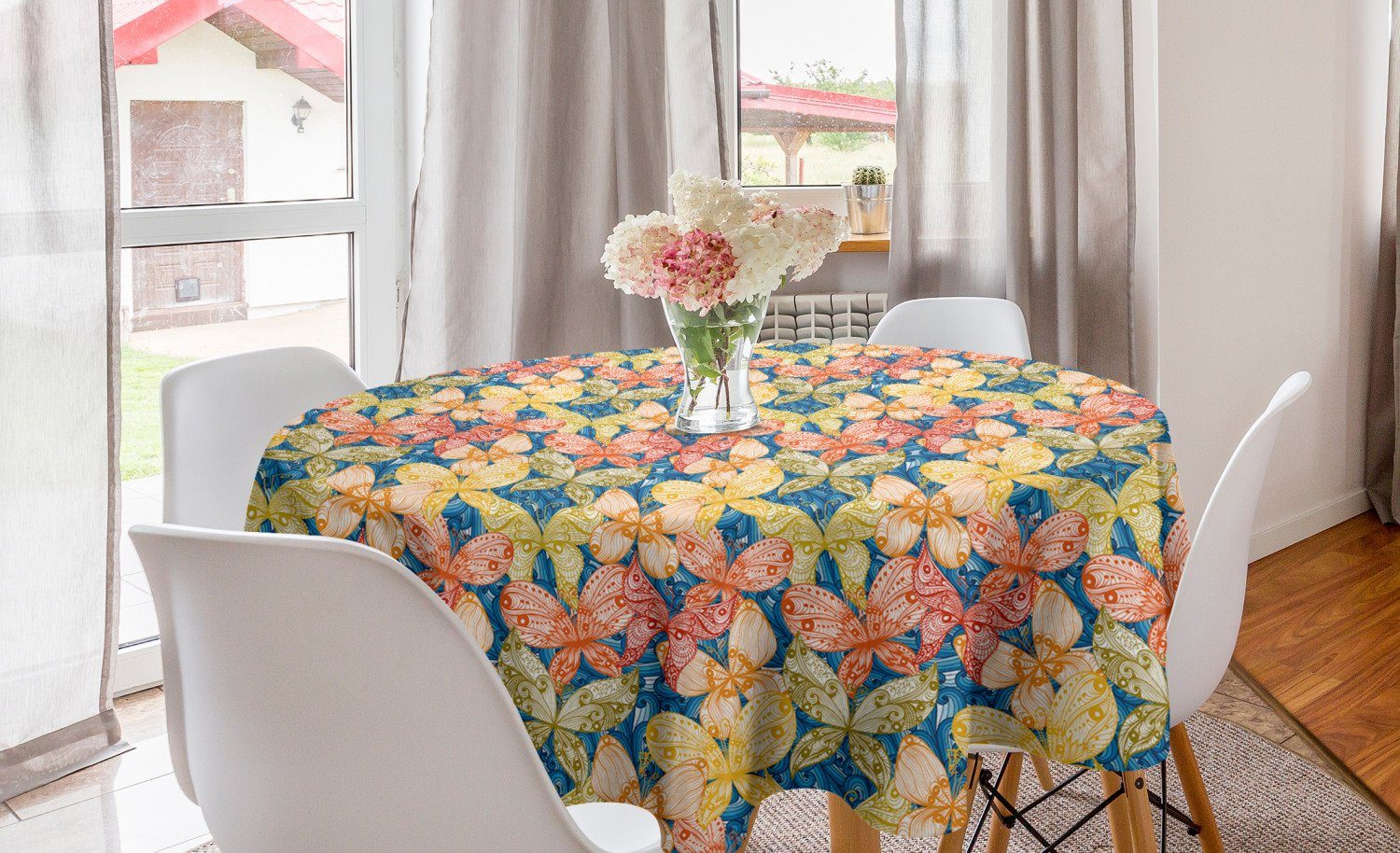 Abakuhaus Tischdecke Kreis Tischdecke Abdeckung für Esszimmer Küche Dekoration, Herbstlaub Schmetterlinge und Blumen