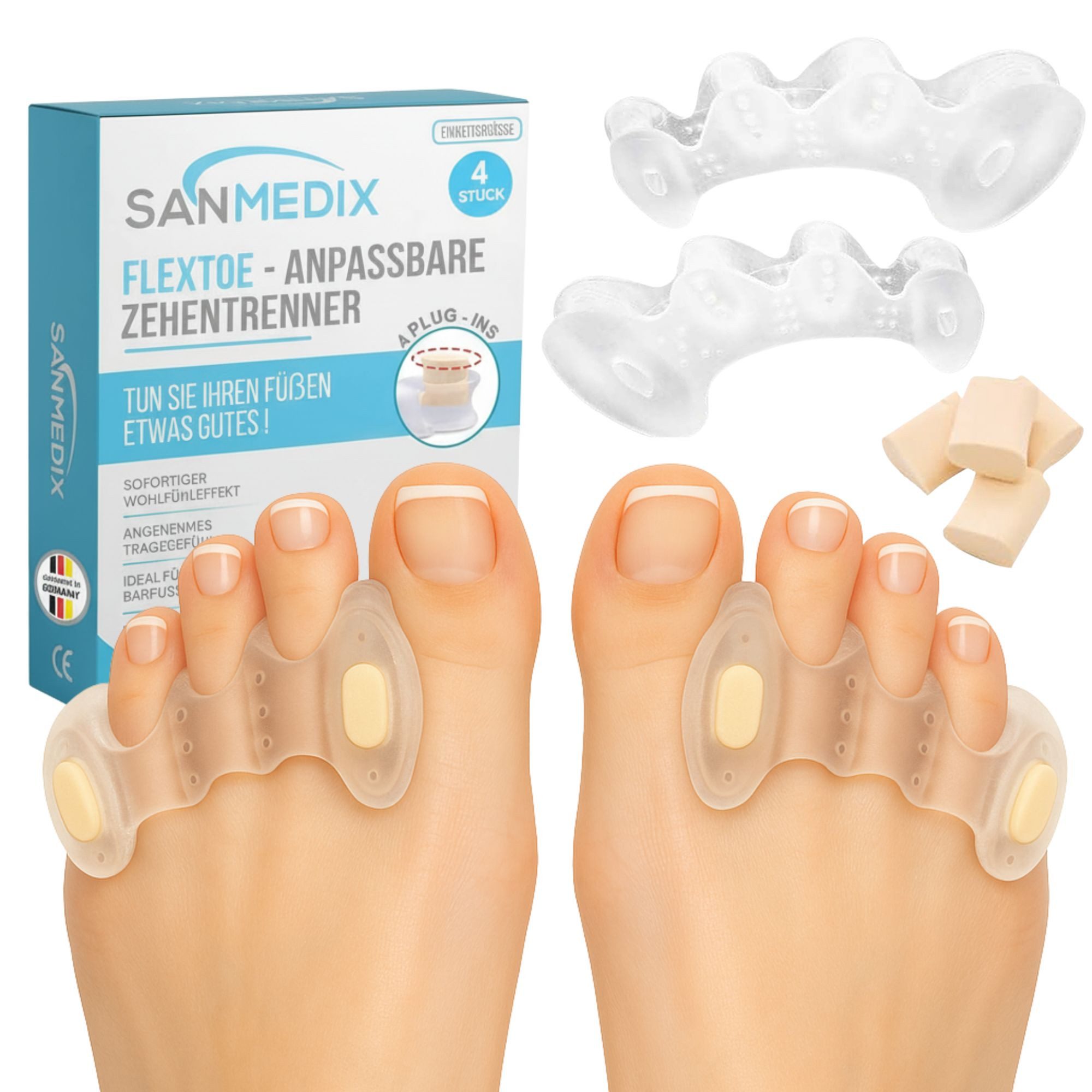 Sanmedix Zehenspreizer für alle Zehen - mit Plug-In System aus Silikon für Damen & Herren, 2 Paar (4 Stück + 4 Plug-Ins), Zehenstrecker Korrektur Set gegen Hallux Valgus, Ballenzehen uvm.