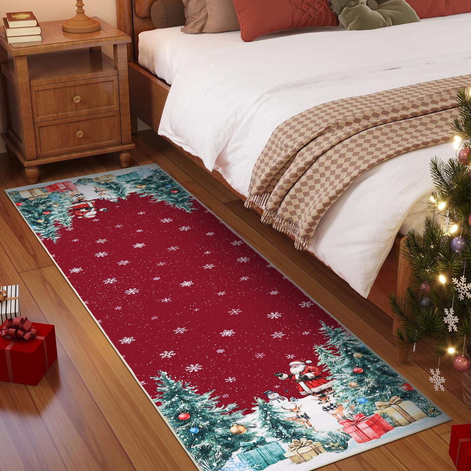 GarveeMore Teppich Rot Weihnachtsteppich mit Santa, Rentieren, Schneemann und Tannen, Höhe: 5 mm