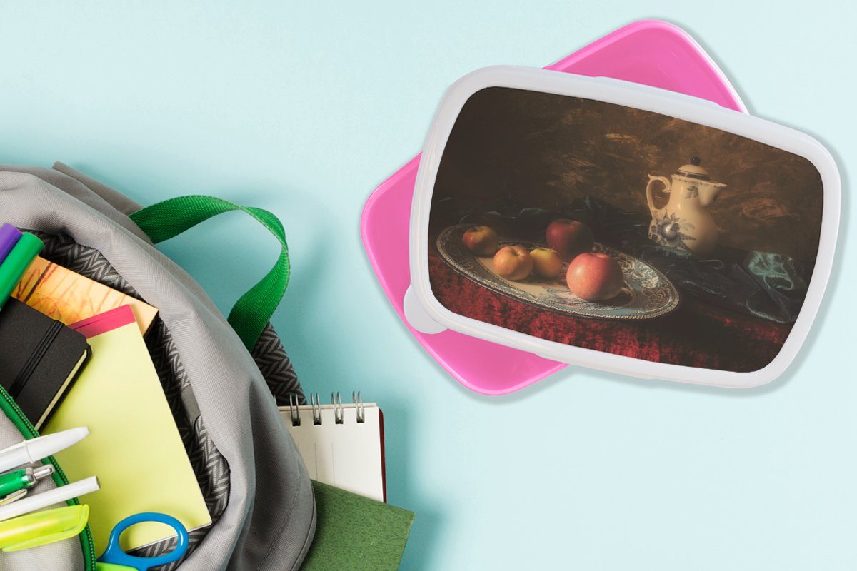 MuchoWow Lunchbox Malerei - Stilleben Mädchen, Kunststoff, Brotdose Kinder, (2-tlg), rosa Erwachsene, - Teekanne Äpfel, Brotbox für - Kunststoff Snackbox