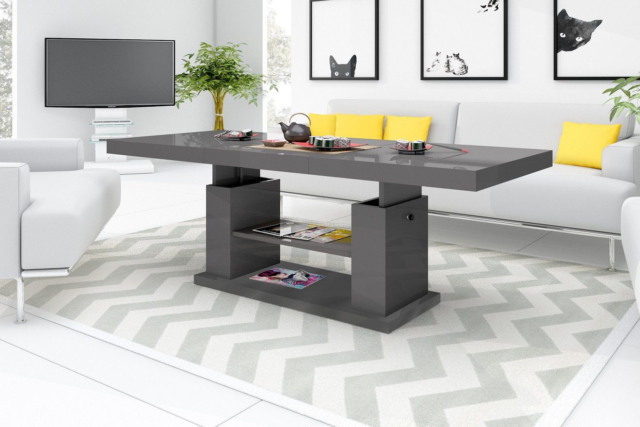 designimpex Couchtisch Design HN-777 Grau / Anthrazit Hochglanz höhenverstellbar ausziehbar