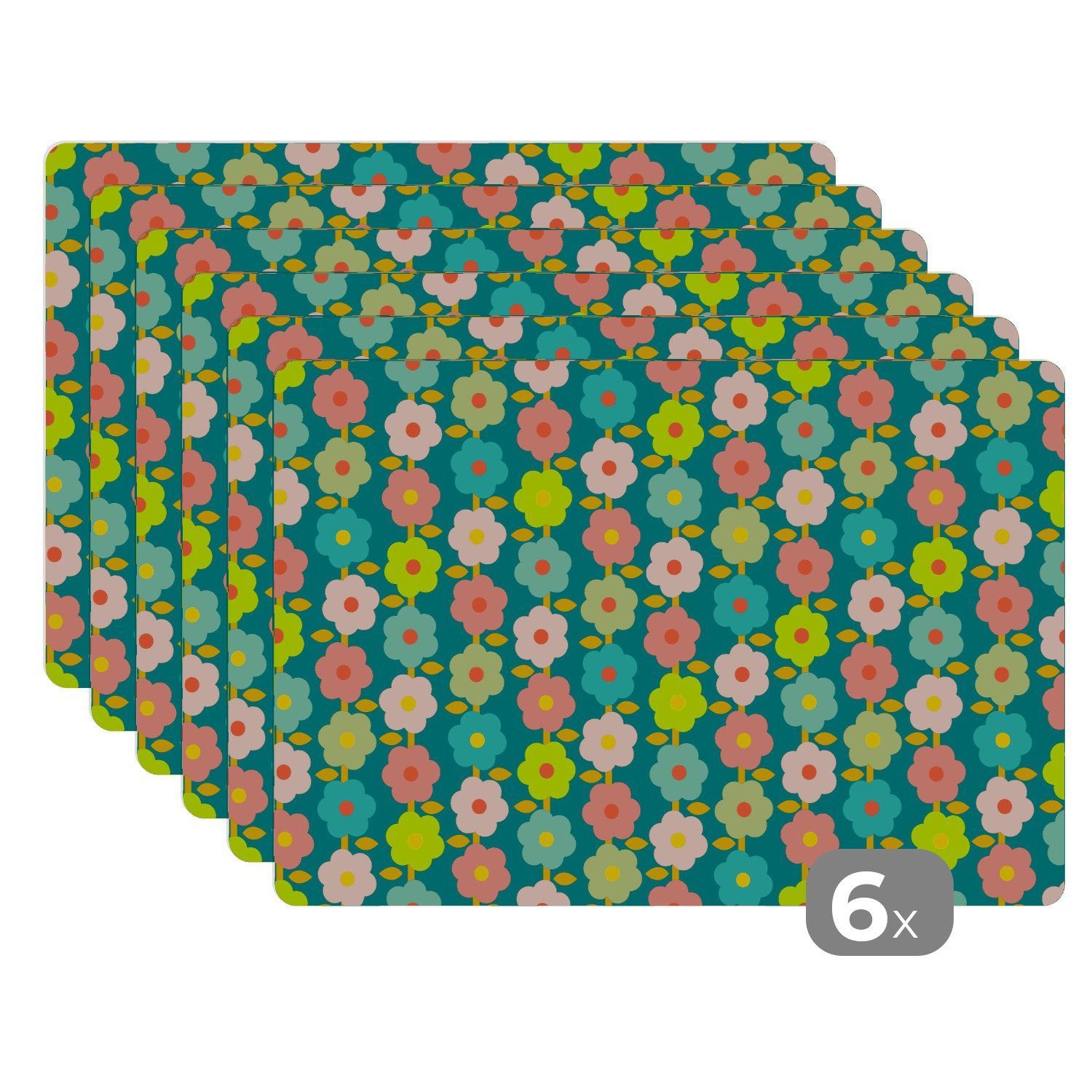 MuchoWow Platzset Muster - Blumen - Retro - 1970er Jahre, (6-St), Platzsets, Tischset, Abwaschbar, Столовые наборы, Platzdeckchen