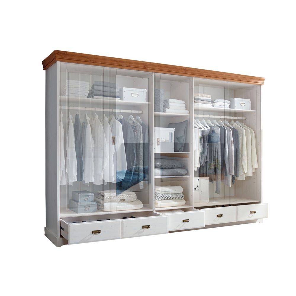 Lomadox Kleiderschrank SAVONA-69 Kiefer massiv weiß gewachst mit honigfarbe günstig online kaufen