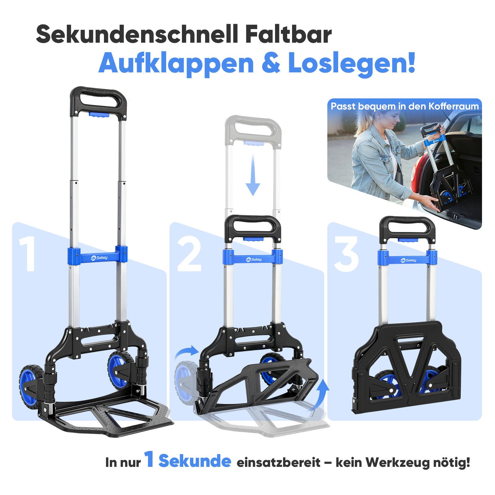 Sekey Sackkarre Alu Handwagen Transportkarre Klappbar Handkarre bis 80kg Tragfähigkeit, 3-Stufig Höhenverstellbar Klappkarre & In Sekunden Faltbar Klappwagen