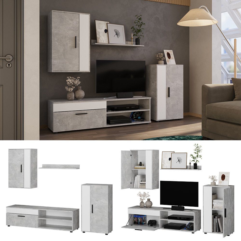 Vicco Wohnwand Berno, Beton/Weiß, 4er Set, günstig online kaufen