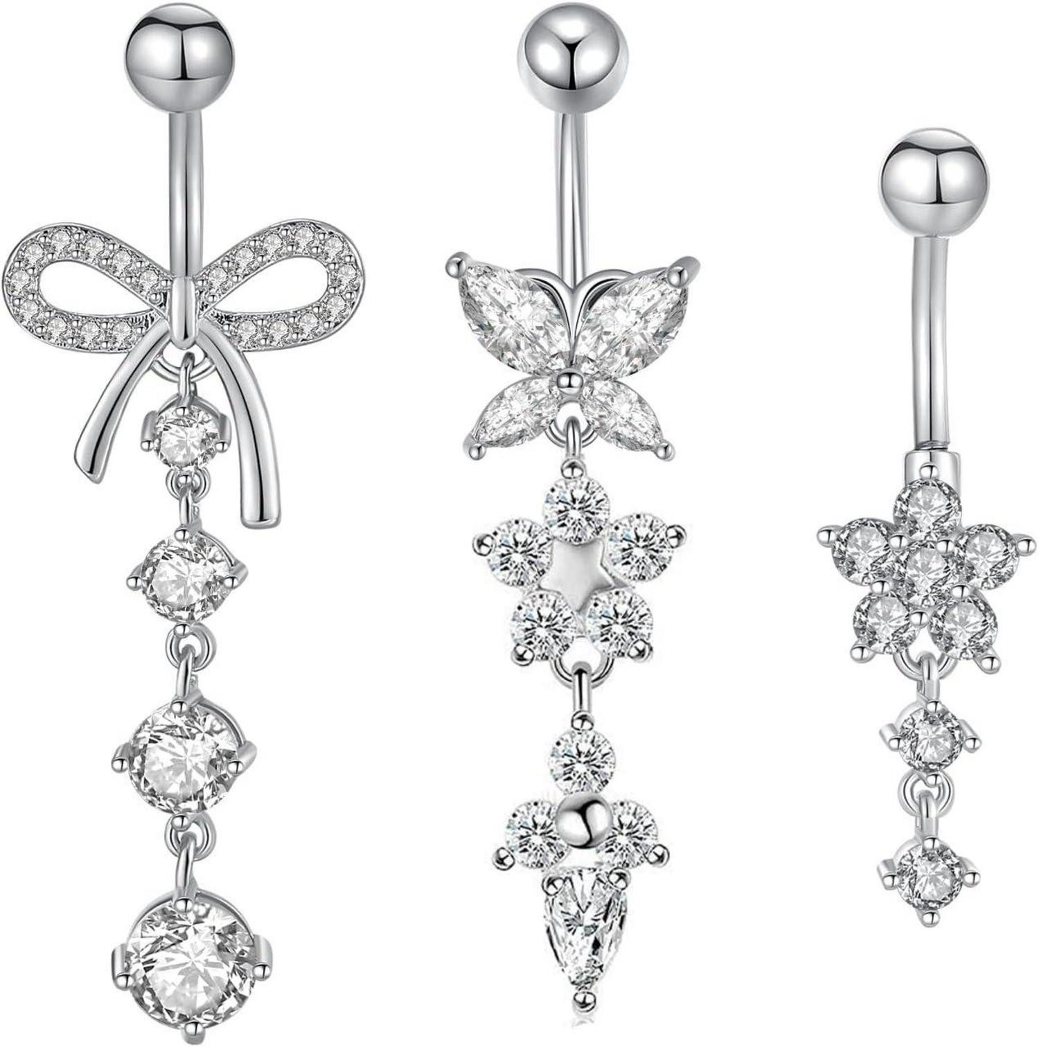 Bauchnabelpiercing-Set Bauchnabelpiercing 3er Set Chirurgenstahl 10mm Herz Schmetterling Gold