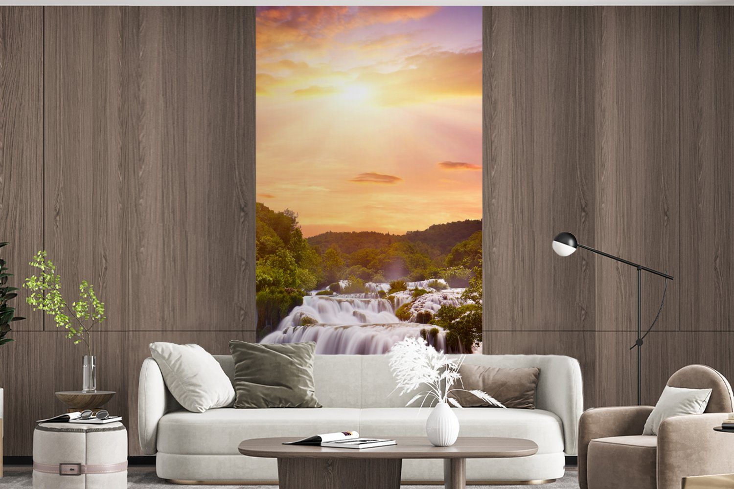 Wolken Landschaft Fototapete St), - bedruckt, - Fototapete Vliestapete (2 - MuchoWow Sonne Matt, Schlafzimmer - Küche, für Wasserfall Sonnenuntergang, Wohnzimmer