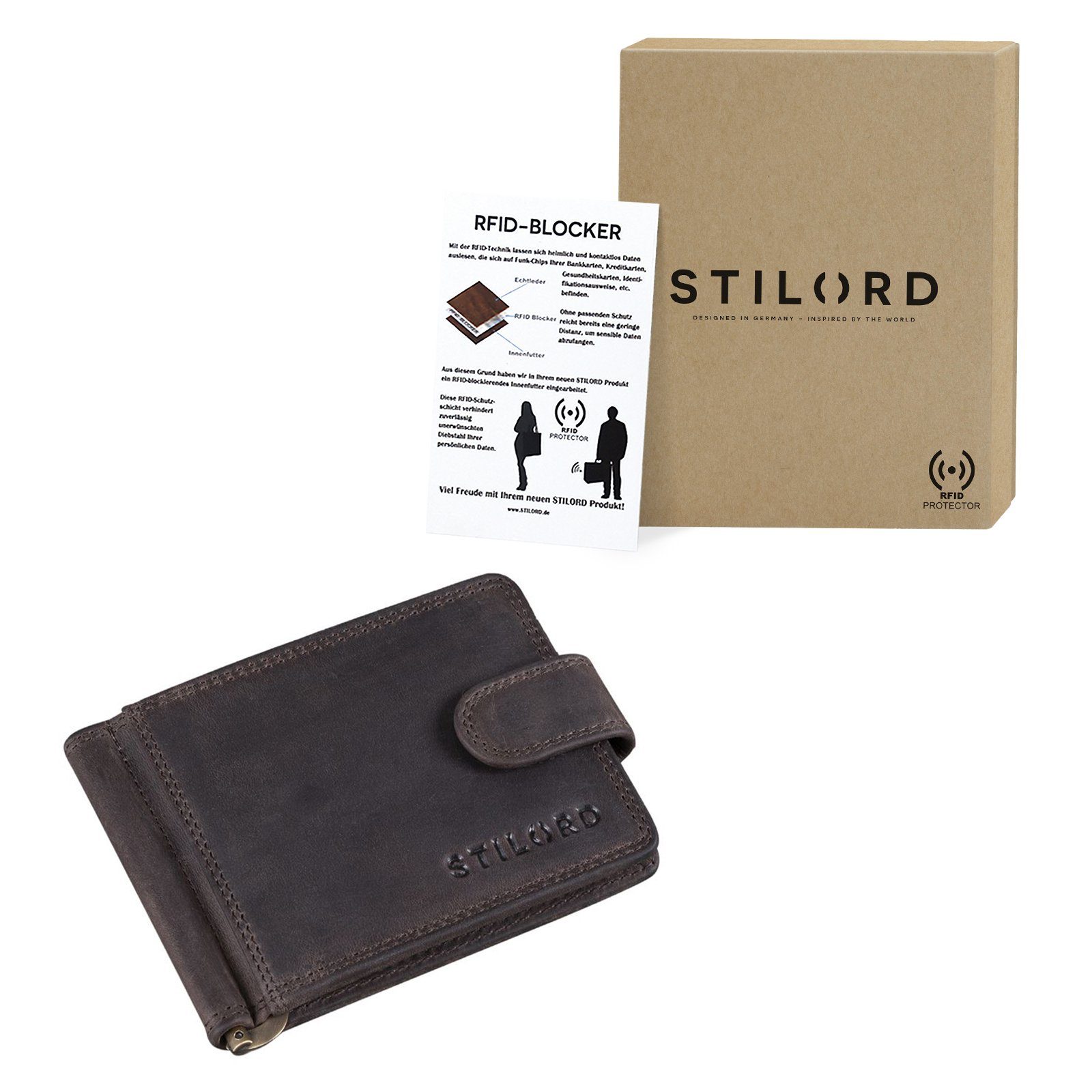 STILORD dunkel Geldklammer mit Geldbörse "Lino" braun Leder - Geldbörse