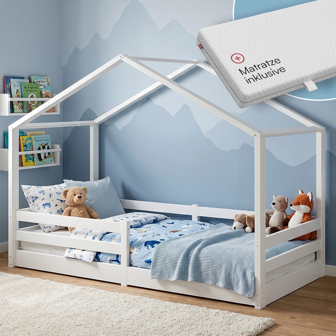 Bellabino Hausbett Abia Kinderbett mit Lattenrost und Rausfallschutz (weiß, mit Matratze), bodentiefes Kinderbett 90x200 cm, auch verfügbar in 120/140x200 cm