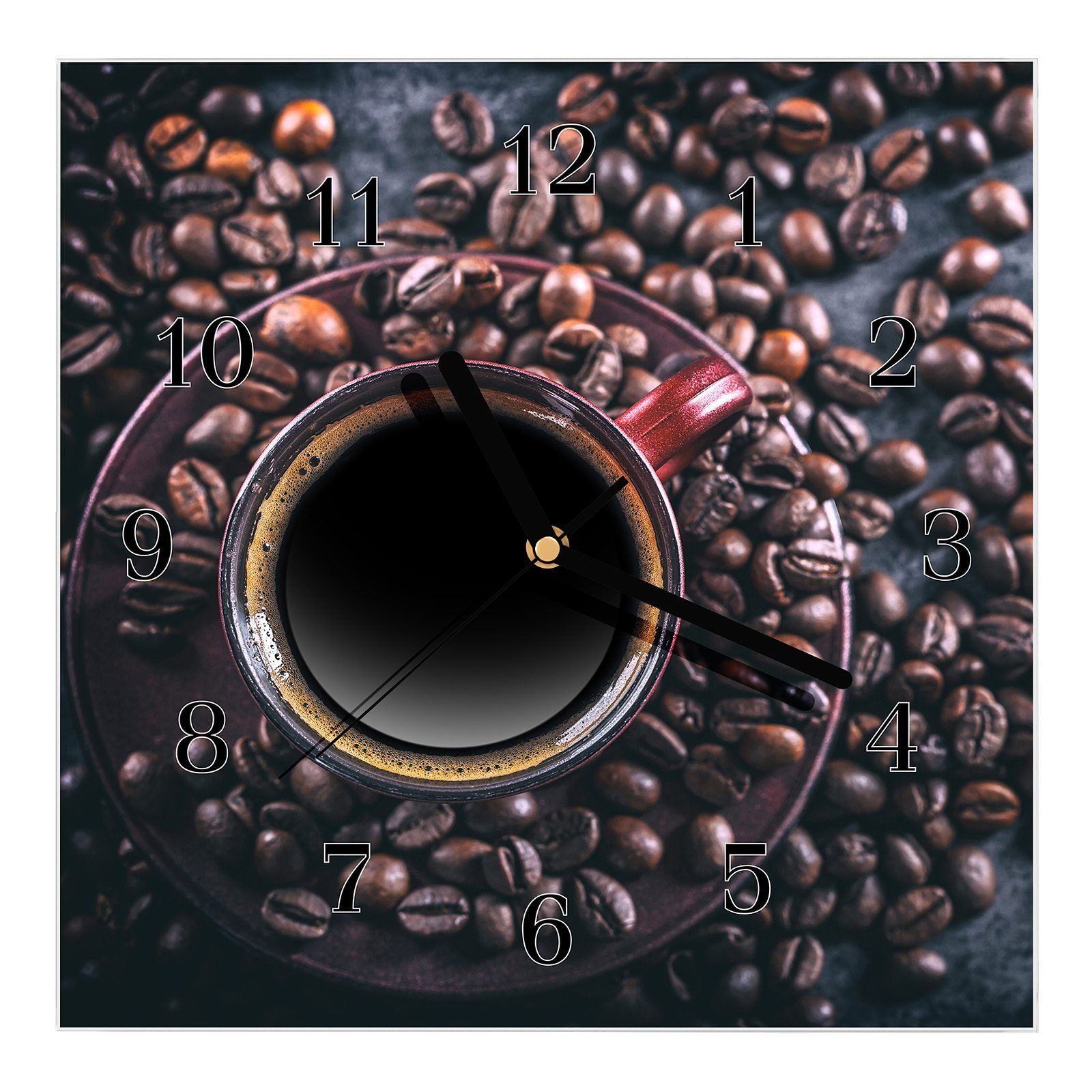Primedeco Wanduhr Größe Kaffeebohnen auf 30 Glasuhr cm Tasse mit x Motiv Wanduhr 30 Wandkunst