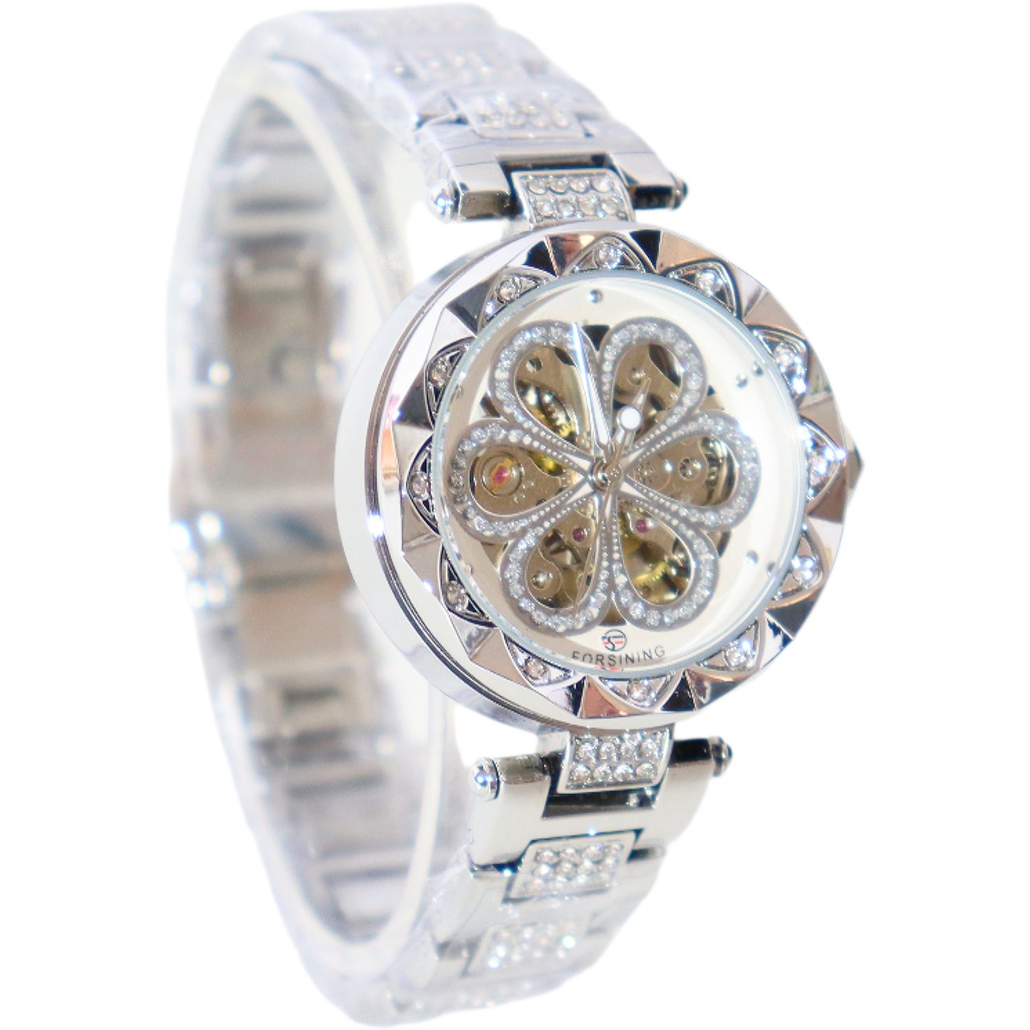 Rötting Design Automatikuhr Damenuhr Marke Forsining Rhinestone Besatz silberfarbenes Design, Handgelenkumfang 16 bis 20 cm wählbar