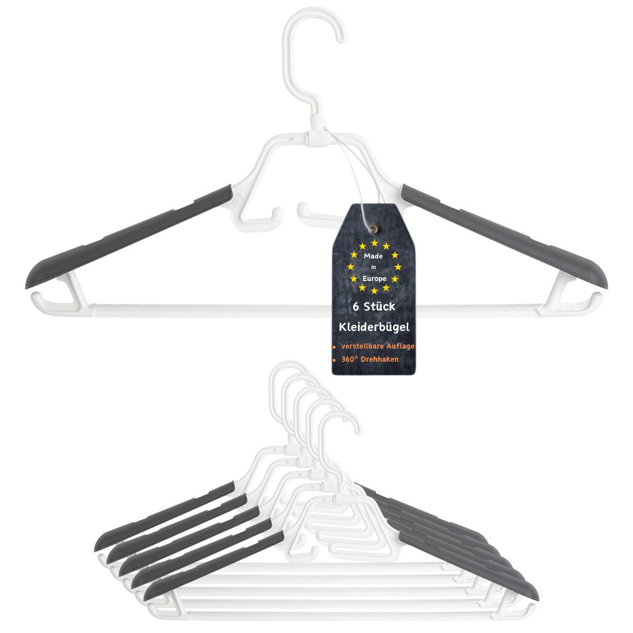 Engelland Kleiderbügel mit drehbarem/einklappbarem Haken sowie ausziehbarer Schulterauflage, (Vorteils-Set, 6-tlg), rutschfest, stabil, Kunststoff, für Mäntel, Hosen, Blusen, Anzüge uvm.