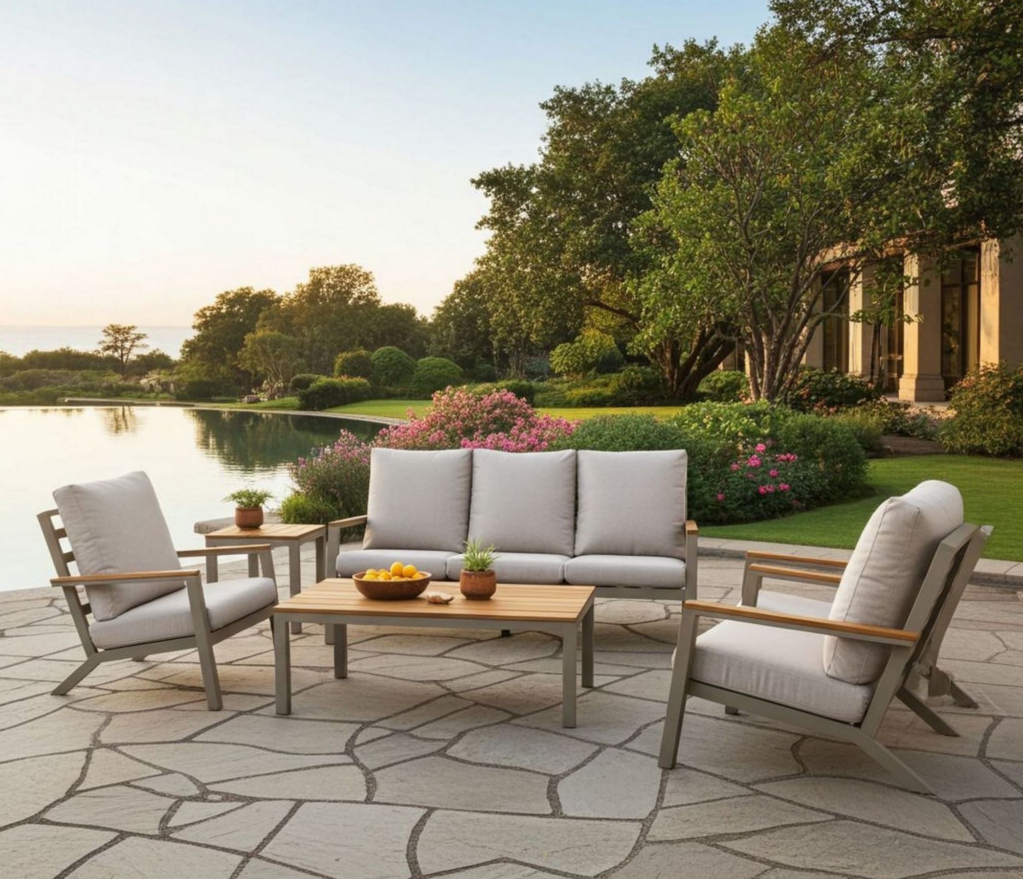 Lesli Living Gartenlounge-Set Lesli Living Lounge-Set "Donnan" matt-taupe/beige/Bambus