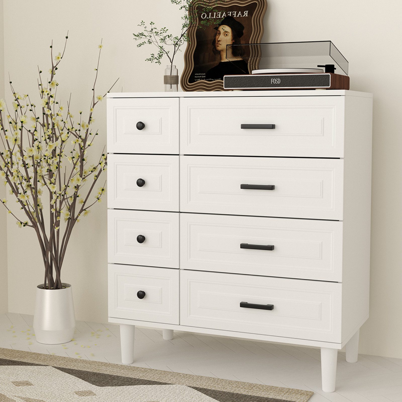 HOMAVO Kommode DG3 mit 8 Schubladen– modernes Design mit Füßen-75x40x87 cm, FSC®-zertifiziert, pflegeleicht, Innenprägung-Front mit Tiefziehfolie