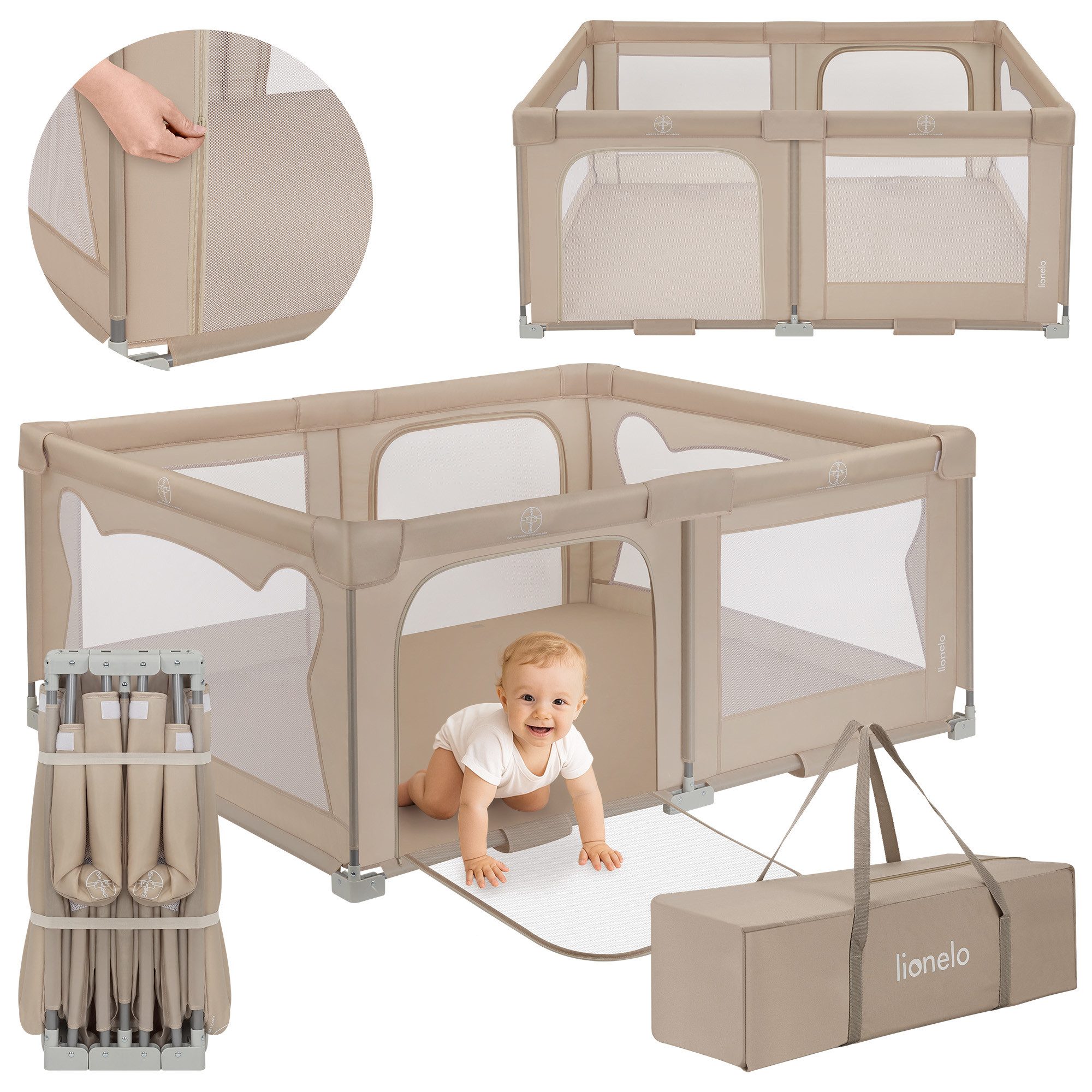 lionelo Laufgitter FLORENCE EASY FOLD (Set: Laufgitter + Tragetasche), Easy Fold/150x180 cm/Netz/2 Eingänge/Tasche/klappbar