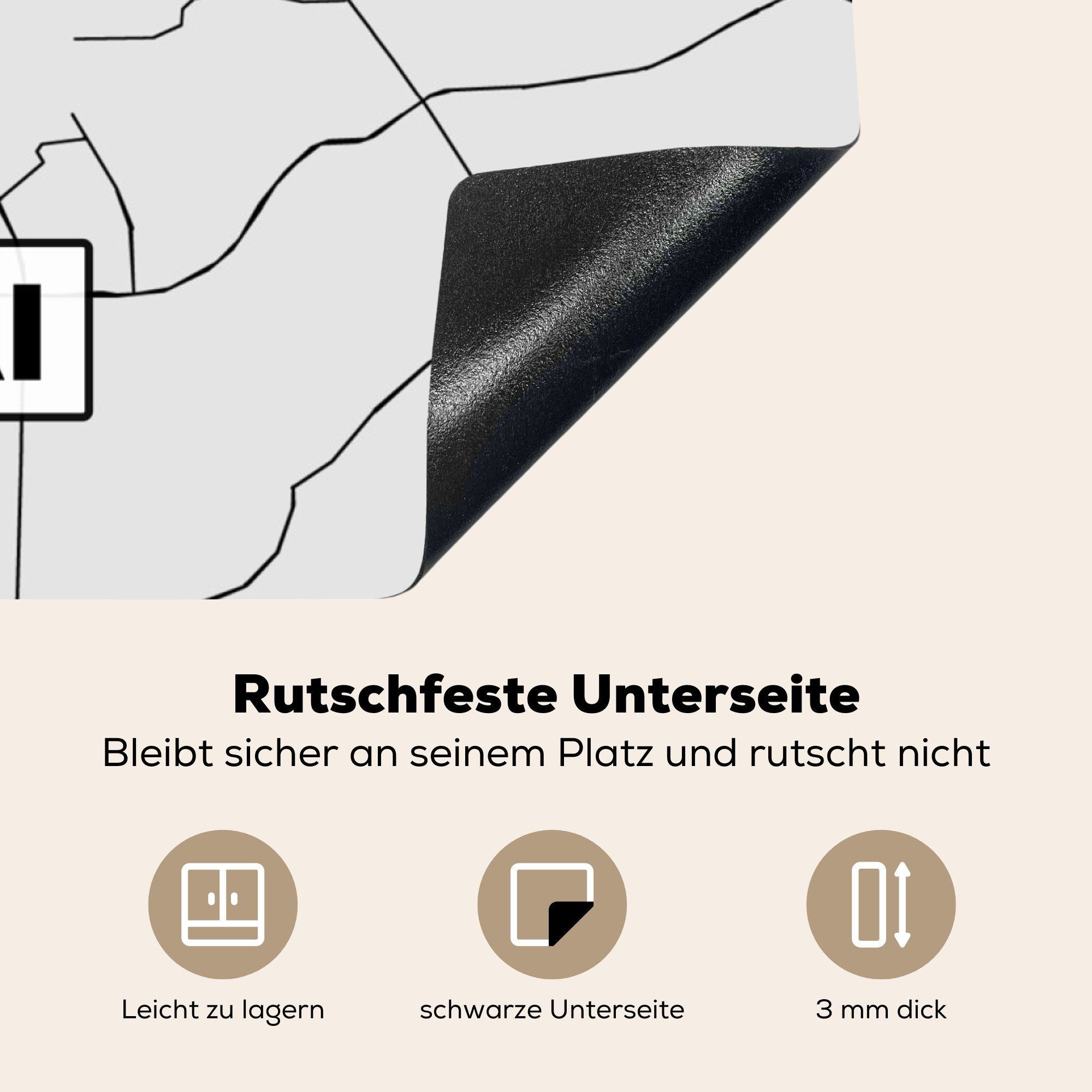 Schwarz Stadtplan (1 küche Arbeitsplatte 78x78 Weiß Dubai und tlg), Herdblende-/Abdeckplatte cm, Karte, - - Vinyl, - MuchoWow für Ceranfeldabdeckung,