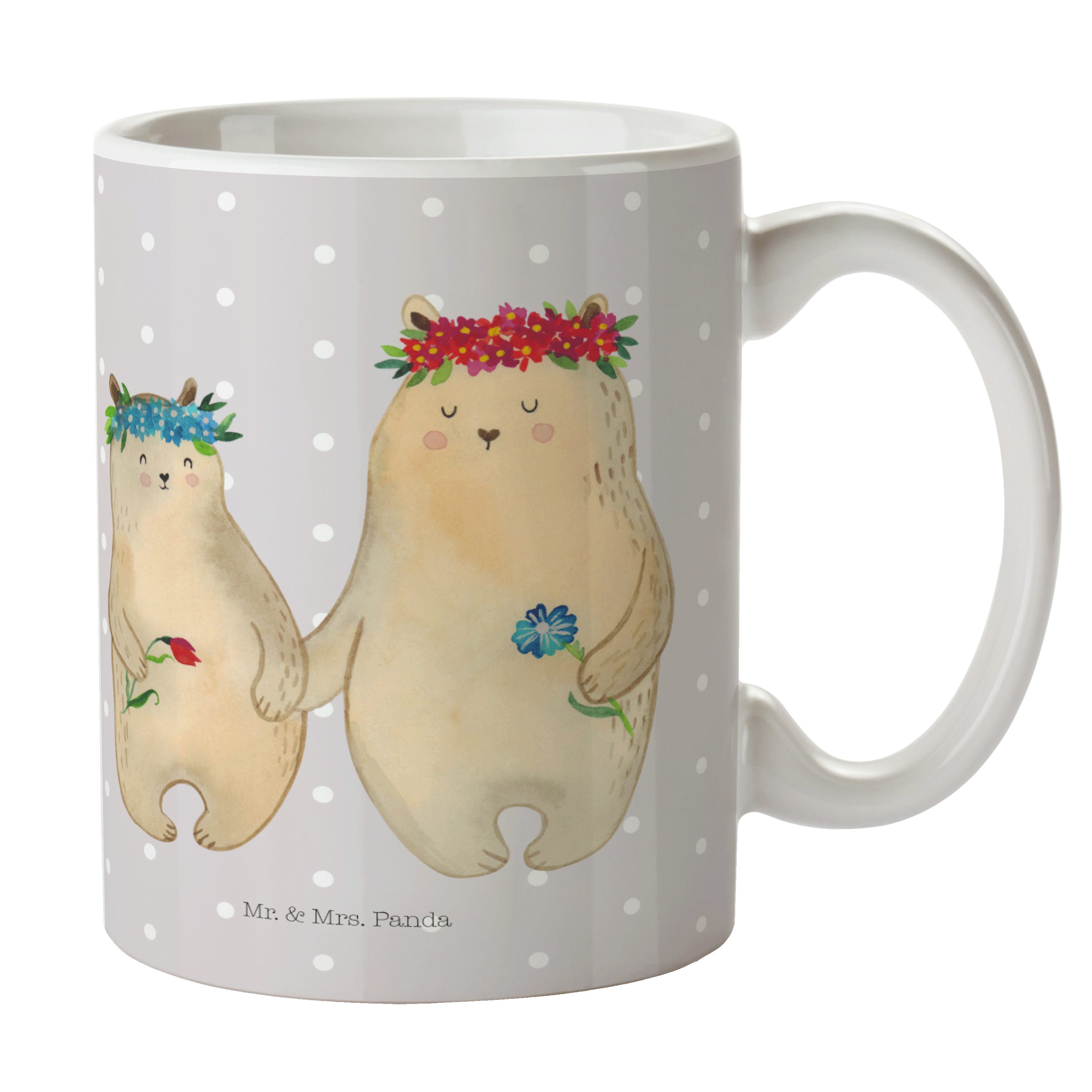 Mr. & Mrs. Panda Tasse Bären mit Blumenkranz - Grau Pastell - Geschenk, Bruder, Kaffeebecher, Keramik