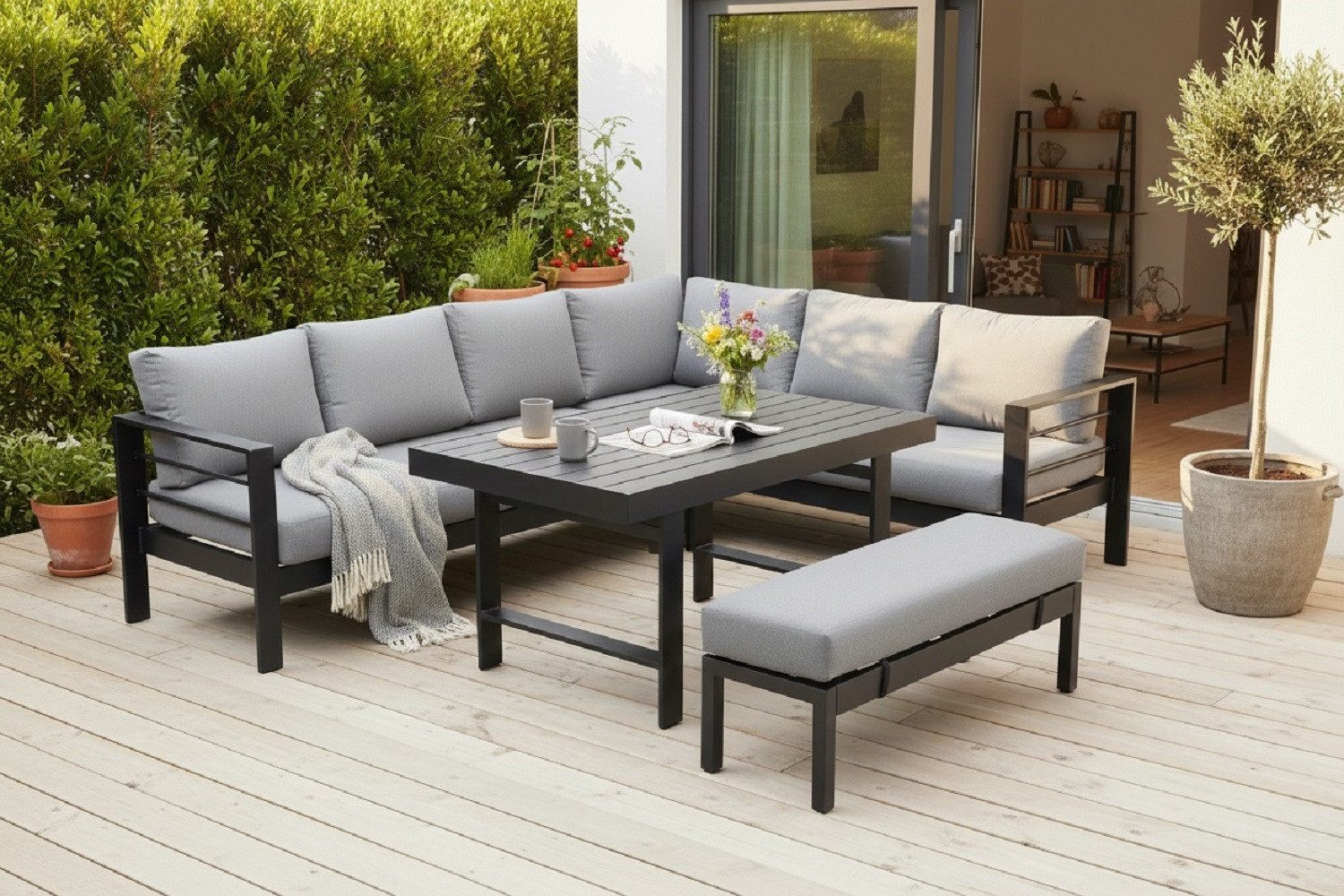 MeXo Gartenlounge-Set XXL Gartenmöbel Set Aluminium für 6-8 Personen, (Ecklounge, 5-tlg., mit 12 cm dicken Sitzkissen, pflegeleichte Polywood-Tischplatte), 8 cm breite Armlehne, Belastbarkeit pro Sitzplatz 140 kg