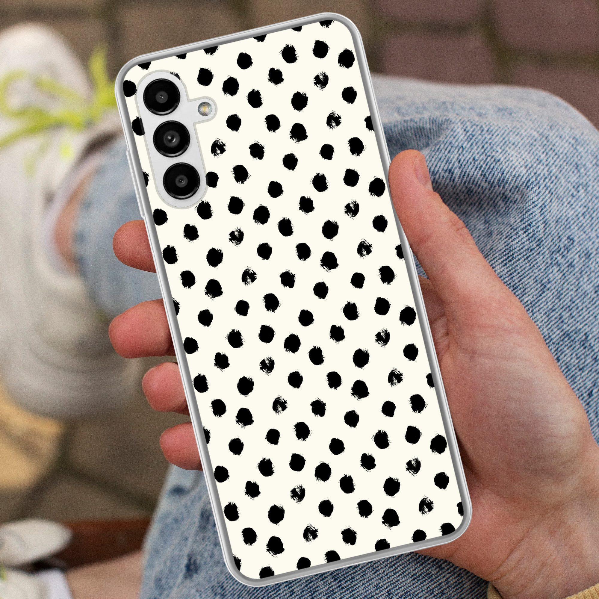MuchoWow Handyhülle für Samsung Galaxy A04s Polka dots - Schwarz - Weiß - Druck - Minimali, Handy Case, Silikon, Bumper Case Dünn