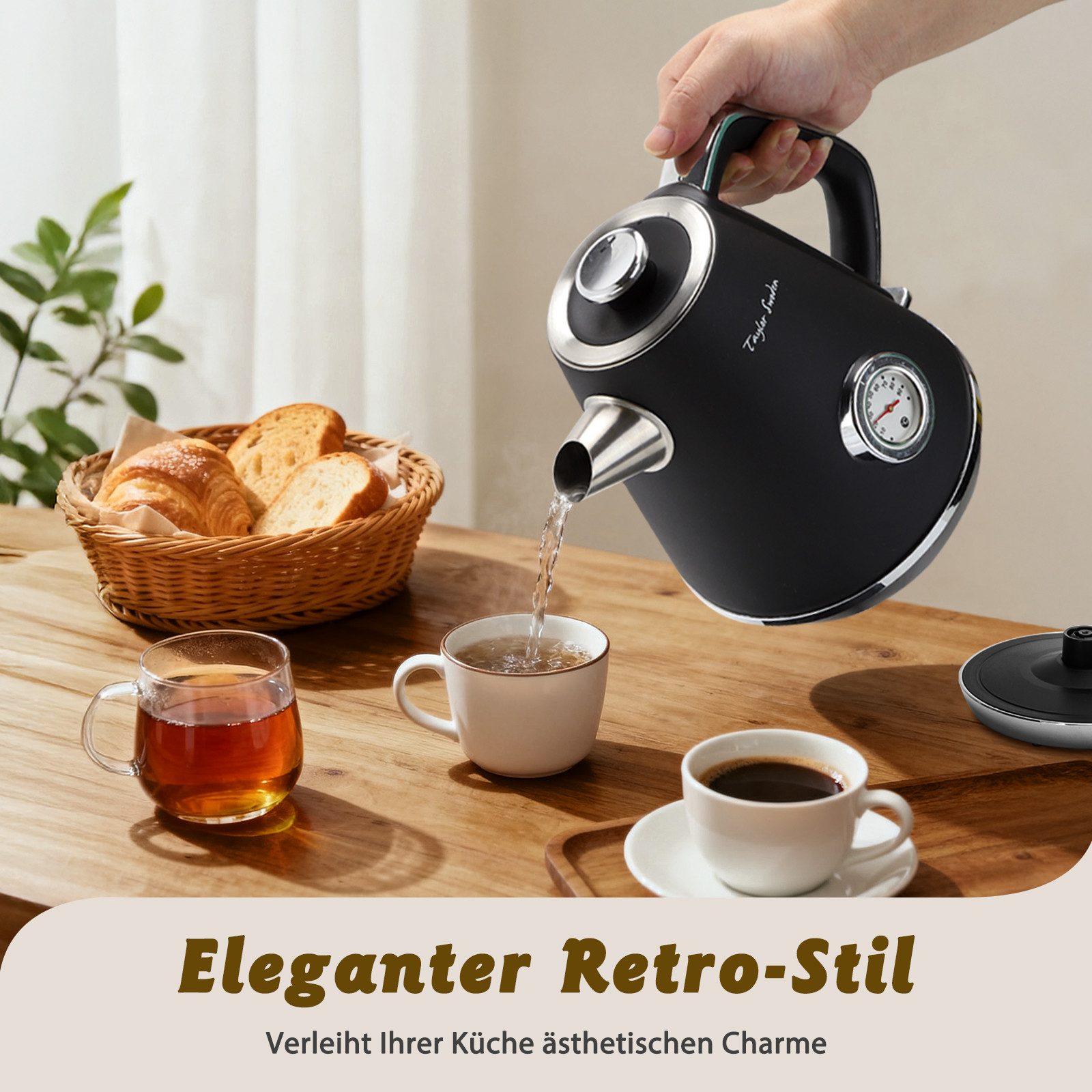 Taylor Swoden Wasserkocher Retro Wasserkocher 1,7L, 2200W, Temperaturanzeige, mit Kalkfilter, 2200,00 W, Mit Wasserstandsanzeige, Drehbare Basis, Abschaltautomatik, Edelstahl
