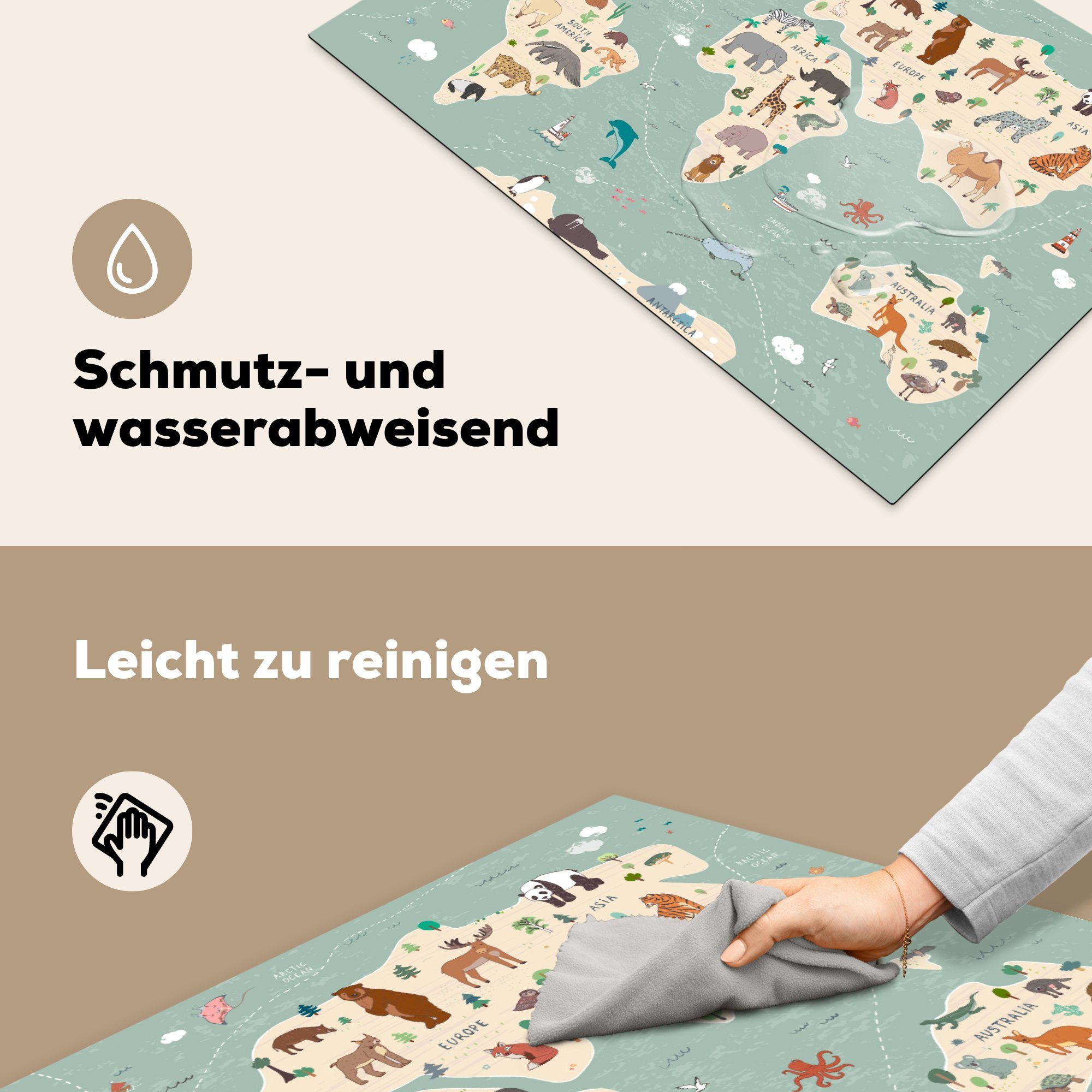 küche, Jungen die cm, Erde tlg), - Vinyl, für Ceranfeldabdeckung Weltkarte - Schutz Mädchen - Kinder 81x52 - Tiere Blau, (1 Induktionskochfeld MuchoWow Herdblende-/Abdeckplatte -