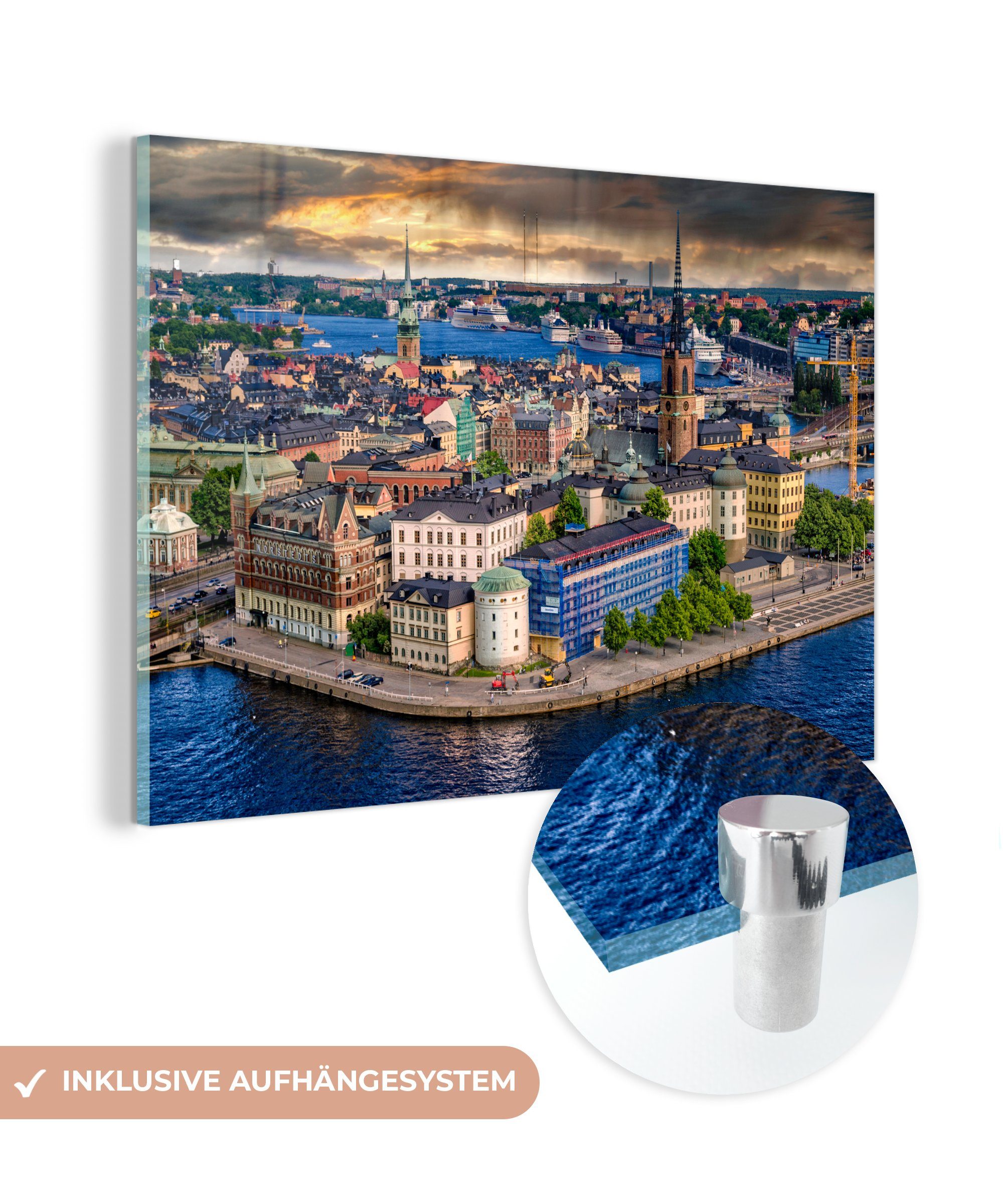 MuchoWow Acrylglasbild Panorama in Stockholm bei Gamla Stan, (1 St), Acrylglasbilder Wohnzimmer & Schlafzimmer