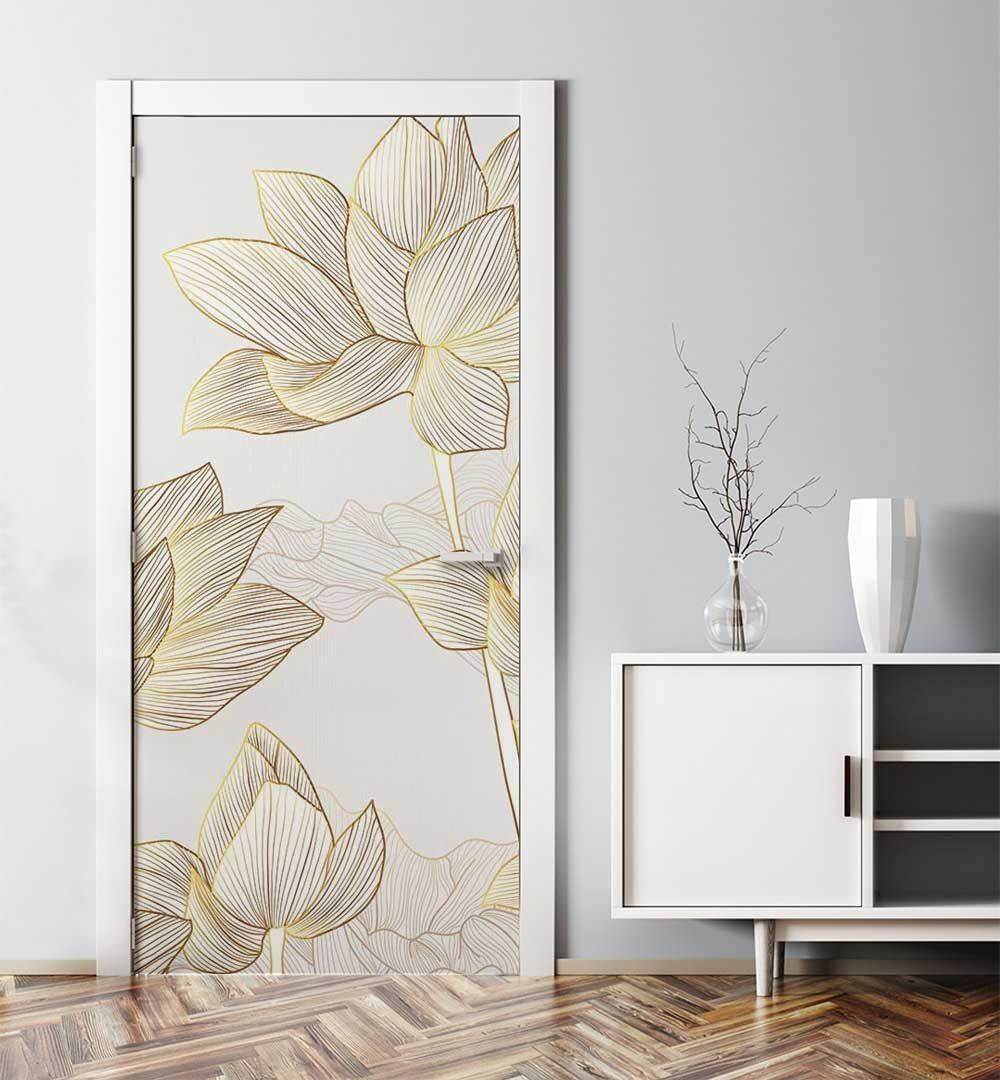 MyMaxxi Dekorationsfolie Türtapete Türposter Türfolie selbstklebend Abstrakt Blumen gold weiß, (gezeichnet Blumen gold weiss, 1St.}, Klebefolie Tür aufgerollt), Selbstklebend