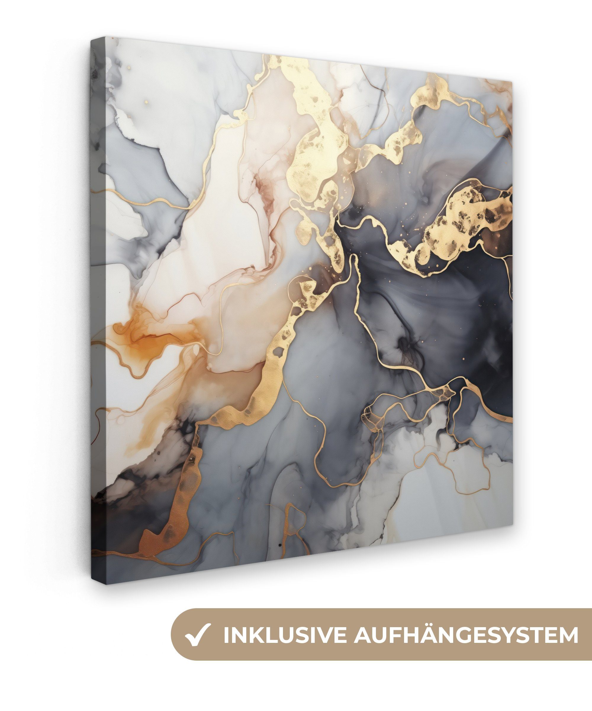 OneMillionCanvasses® Leinwandbild Marmor - Schwarz - Gold - Weiß, (1 St), Leinwand Bilder für Wohnzimmer Schlafzimmer, 20x20 cm