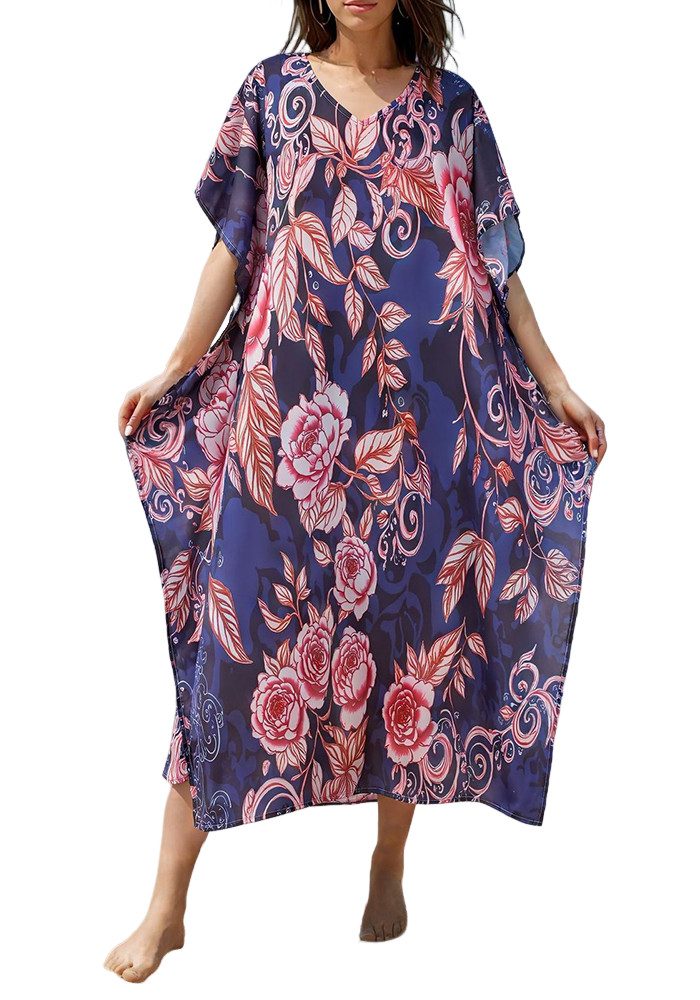 Lovolotti Strandkleid Boho Maxikleid Damen Viskose Sommerkleid mit Blumenmuster Leichtes Kleid mit V-Ausschnitt und weitem Schnitt