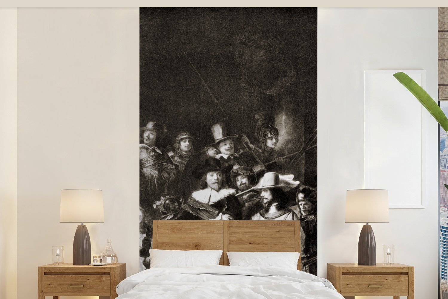 MuchoWow Fototapete Die Nachtwache in Schwarz und Weiß - Rembrandt van Rijn, Matt, bedruckt, (2 St), Vliestapete für Wohnzimmer Schlafzimmer Küche, Fototapete