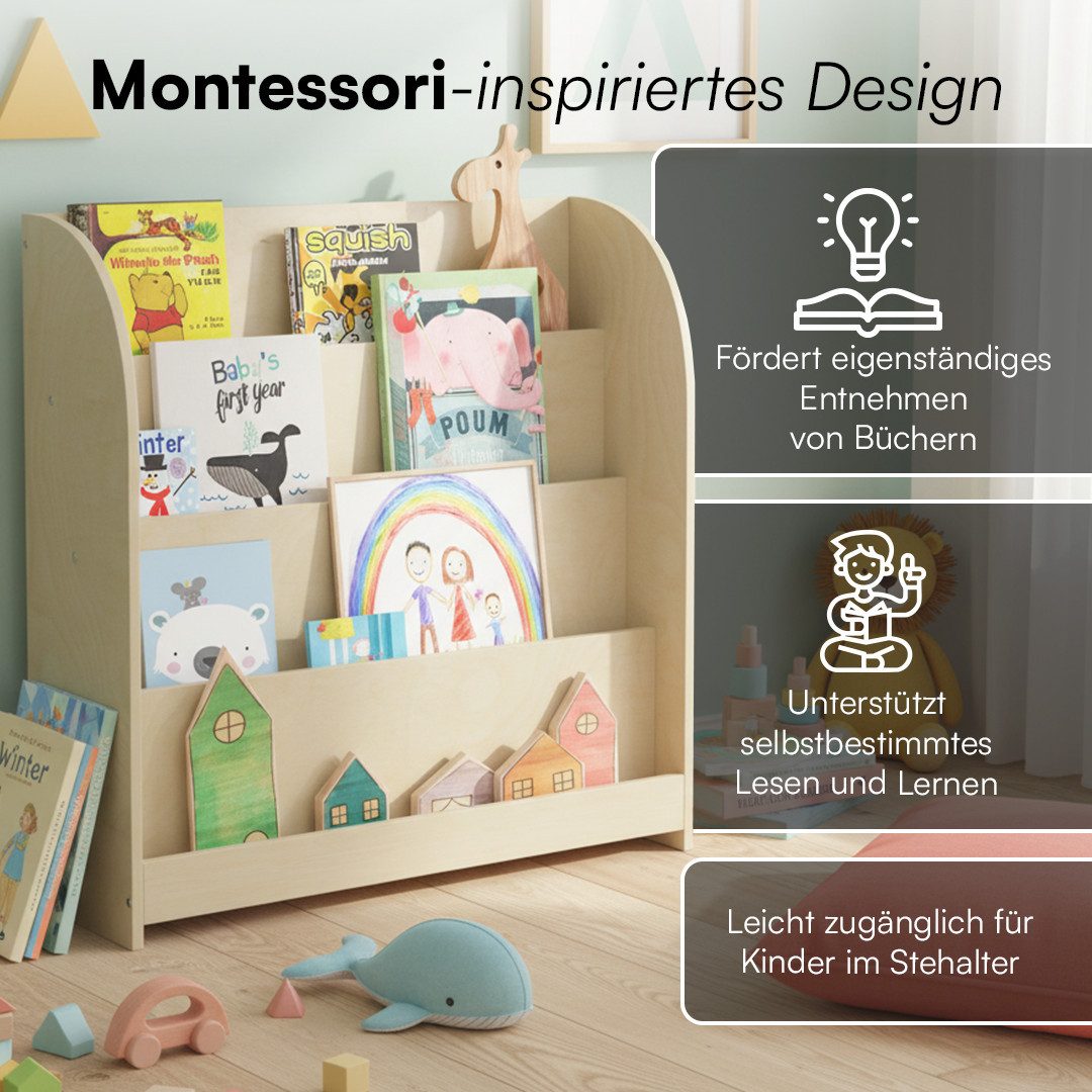 Bellabino Kinderregal Baru mit 4 großzügigen Ablagefächern, natur unbehandelt, Spielzeugregal 88x30x80 cm, Bücherregal Holz, mit 4 breiten Fächern für Bücher & Spielzeug