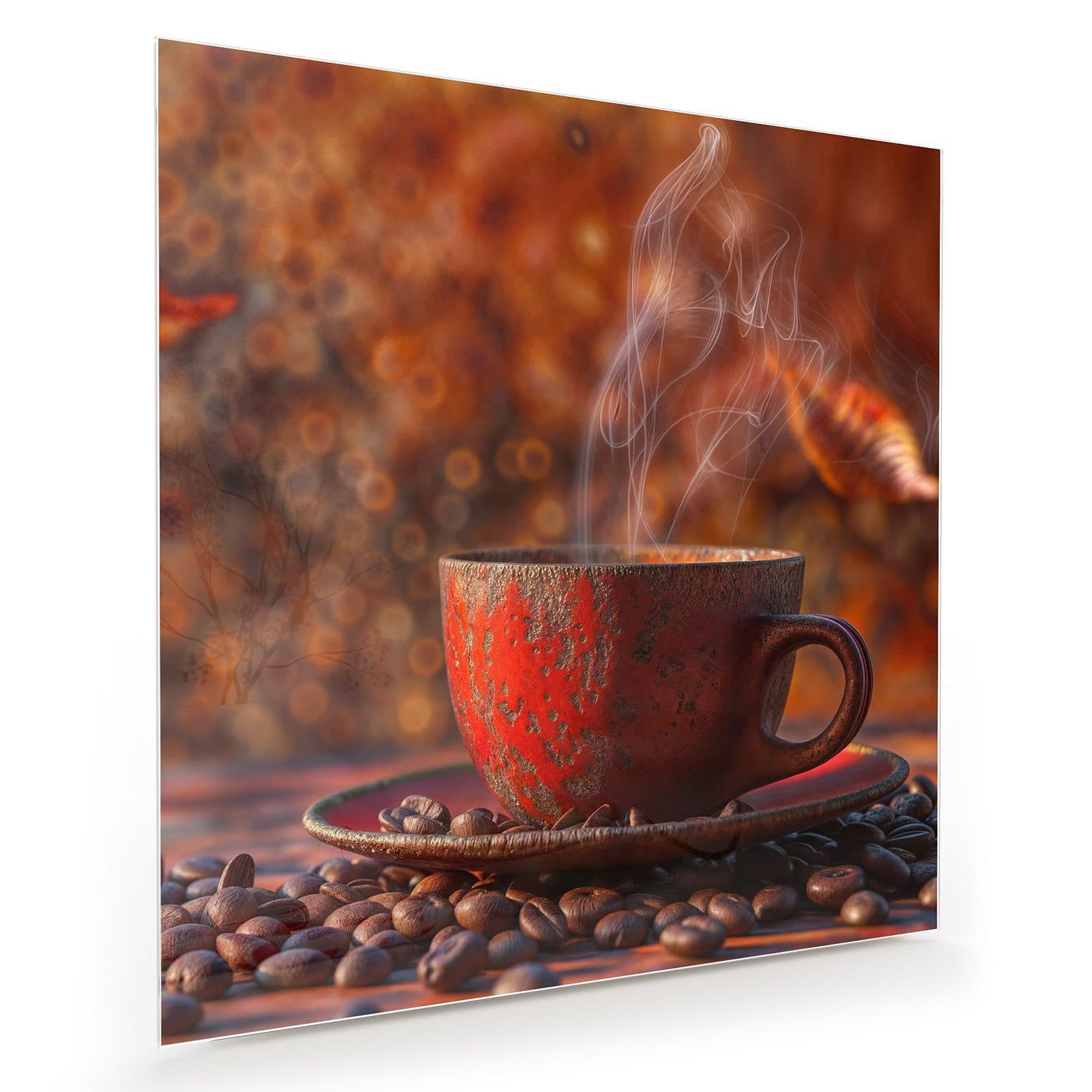 Glasbild Wandbild Quadratisch Kaffeetasse im Herbst mit Aufhängung