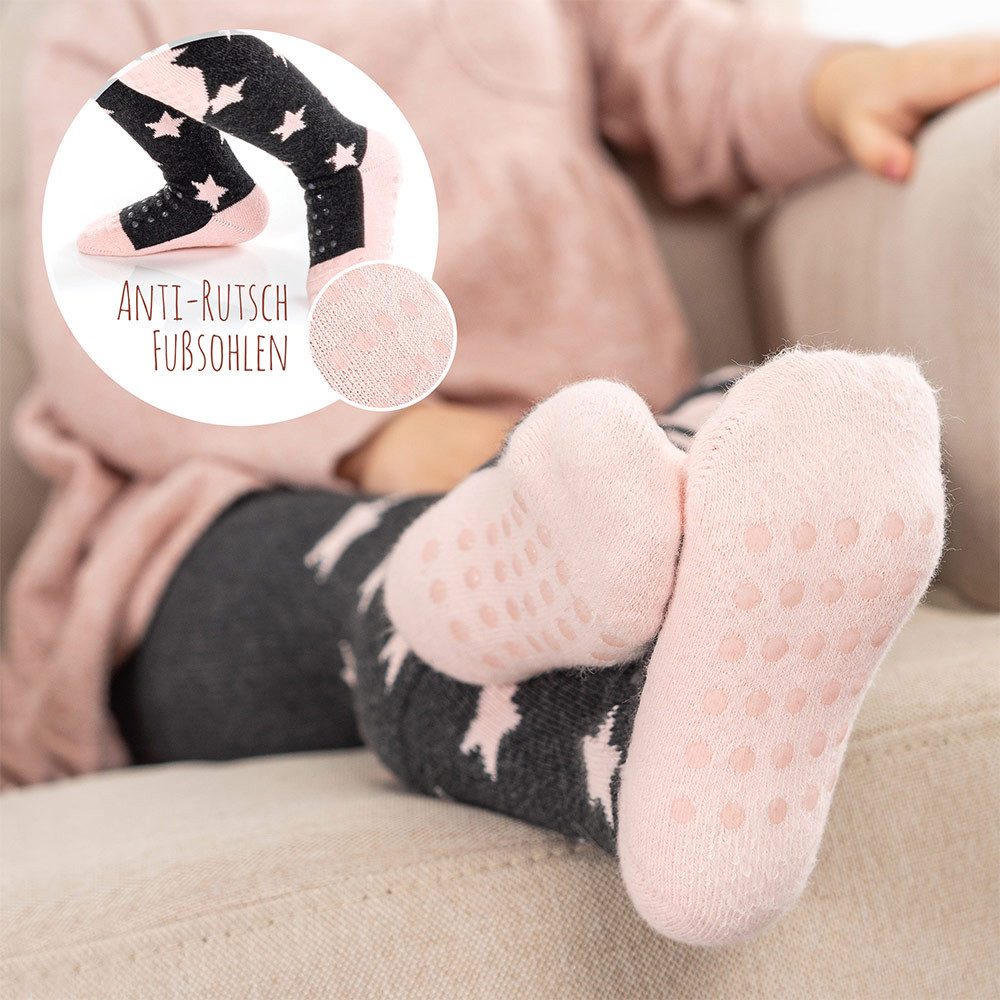 LaLoona Strumpfhose Sterne Rosa + Streifen Grau 2x Baby Krabbelstrumpfhose mit ABS Sohle elastische Kinder Strumpfhose