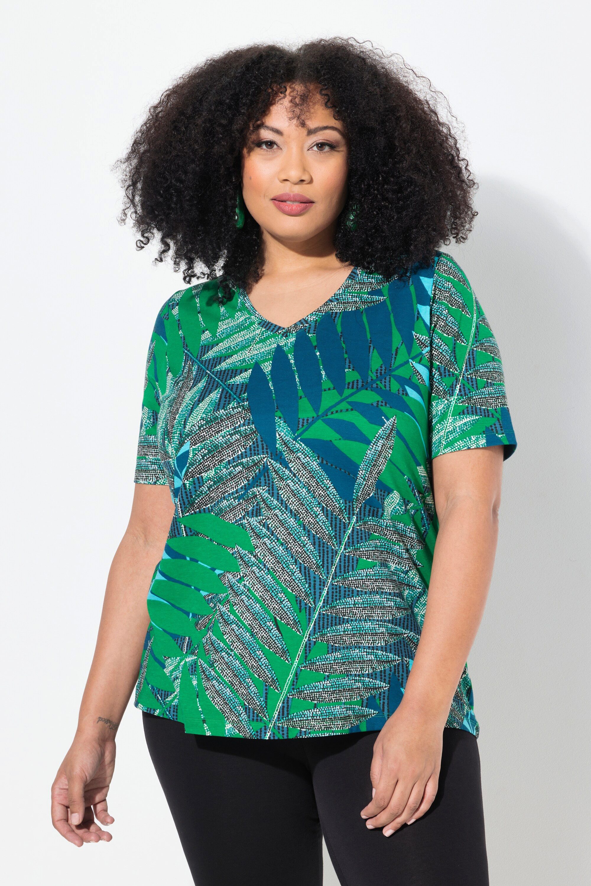 Longshirt T-Shirt Palmen A-Linie V-Ausschnitt Halbarm