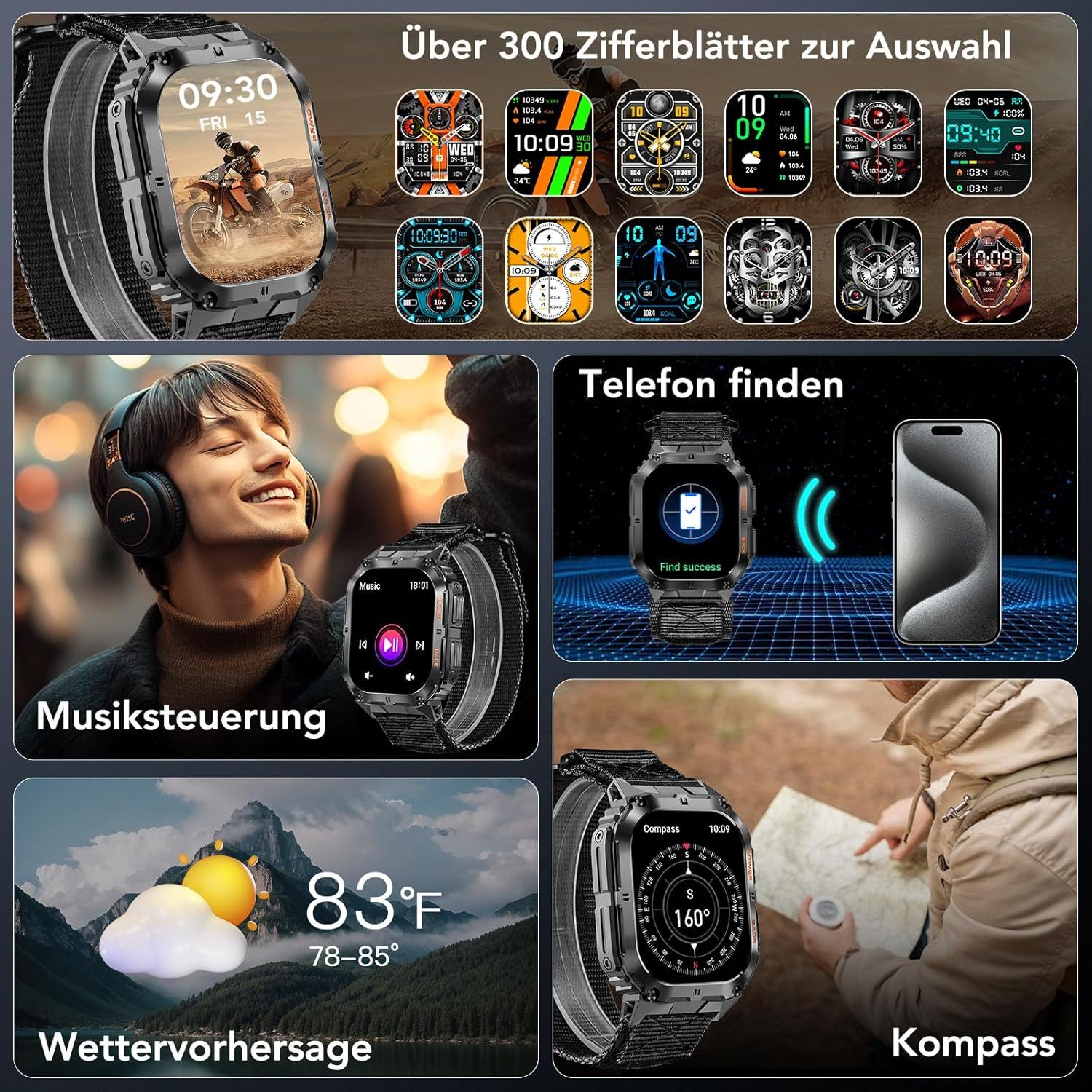 MEGALITH Smartwatch K61Pro Smartwatch (4,9 cm, android ios), Outdoor Smartwatch Herren mit AMOLED Display und Sportfunktionen