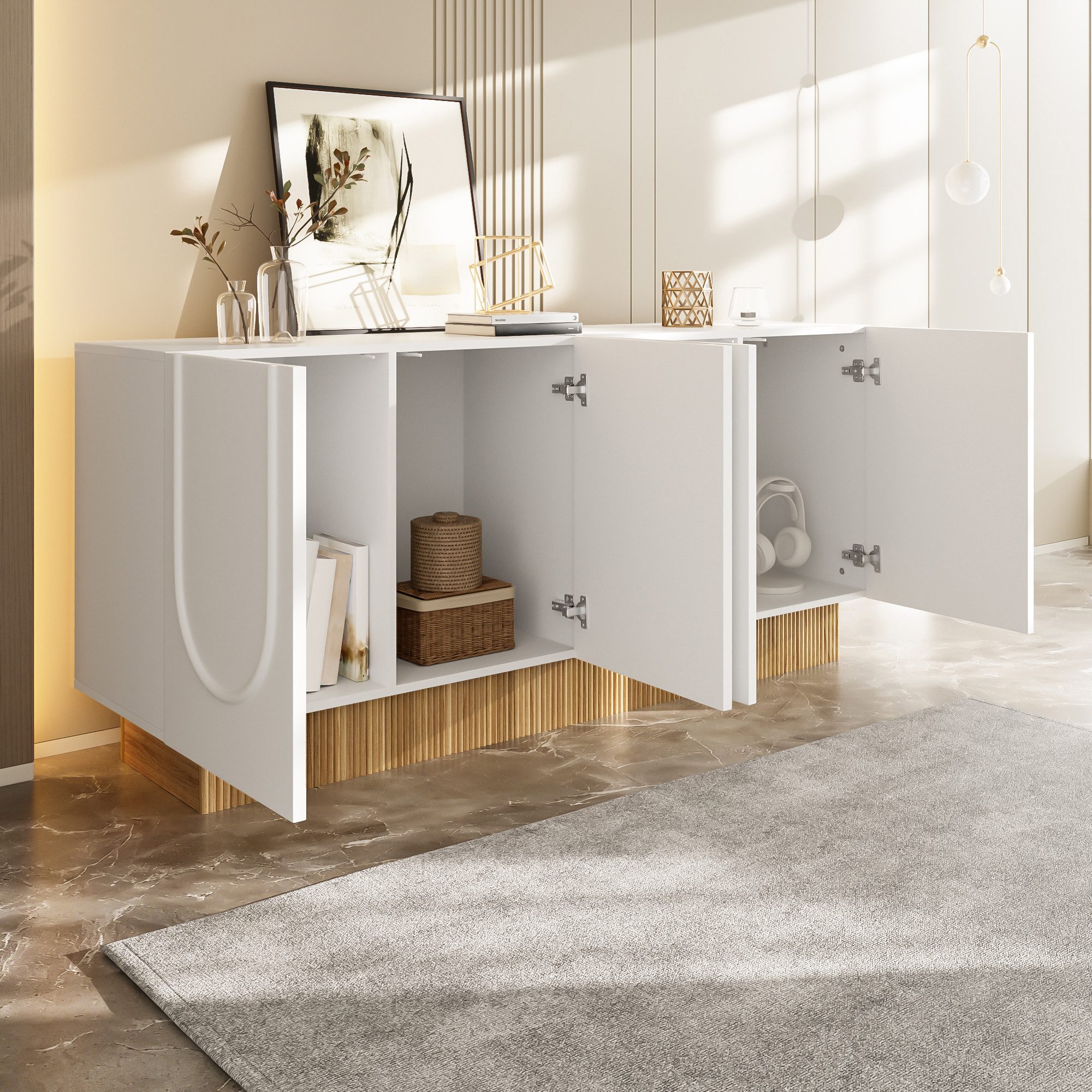 Merax Sideboard mit U-Relief-Design & dekorativer Holzstruktur (1 St., 160×75×38 cm), Kommode mit 4 Türen und großen Innenfächern, Anrichte, Buffetschrank