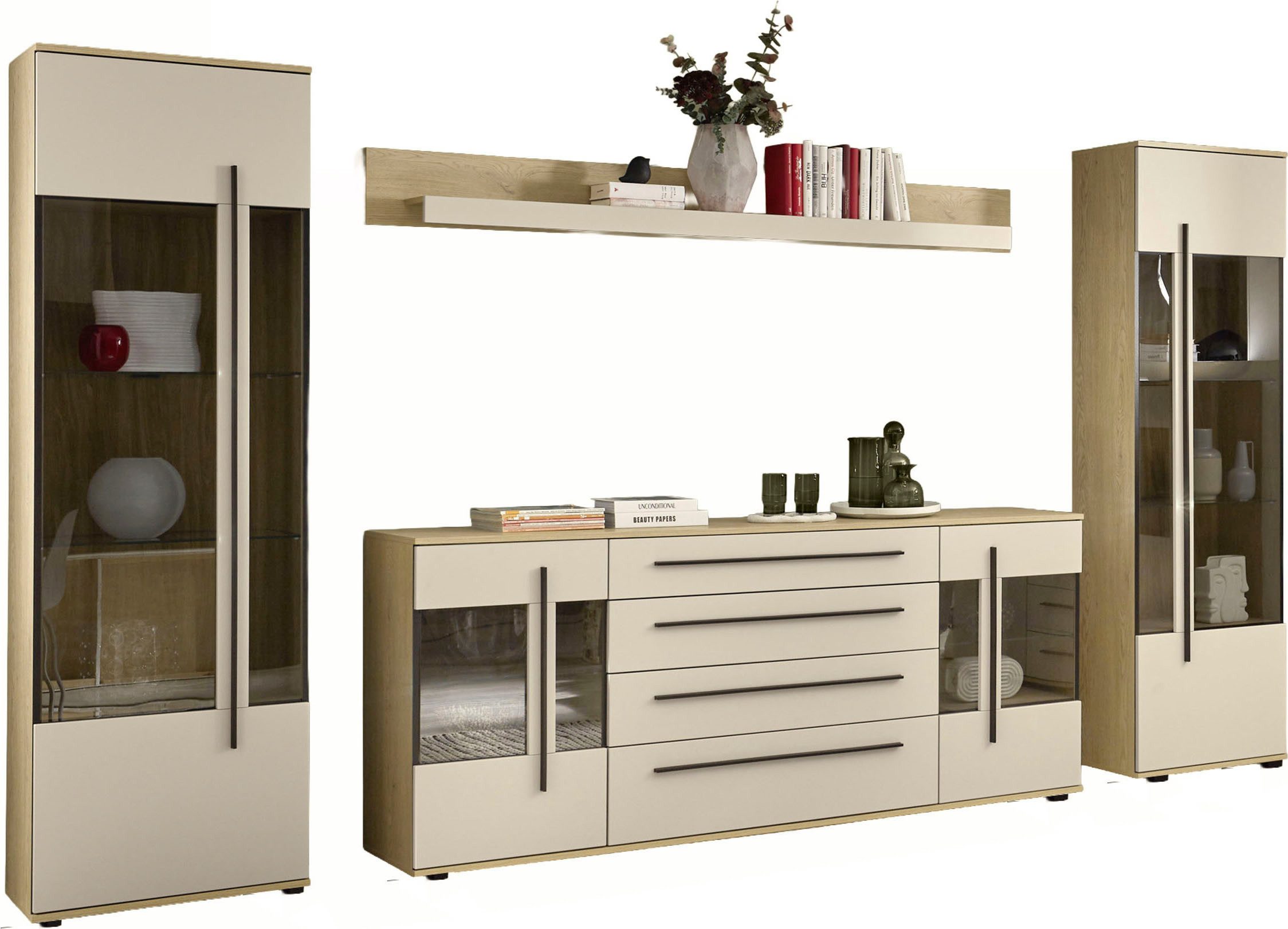 Home affaire Wohnwand Cantara, Anbauwand, Wohnzimmer-Set, in Eiche Evoke, Weiß oder Kaschmir, (Set), enthält zwei Vitrinen, ein Sideboard und ein Wandboard