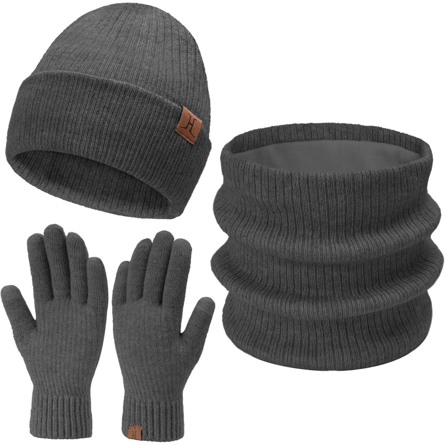 Strickmütze Mütze Beanie Schlauchschal Damen Herren Unisex 3 Stück Dunkelgrau