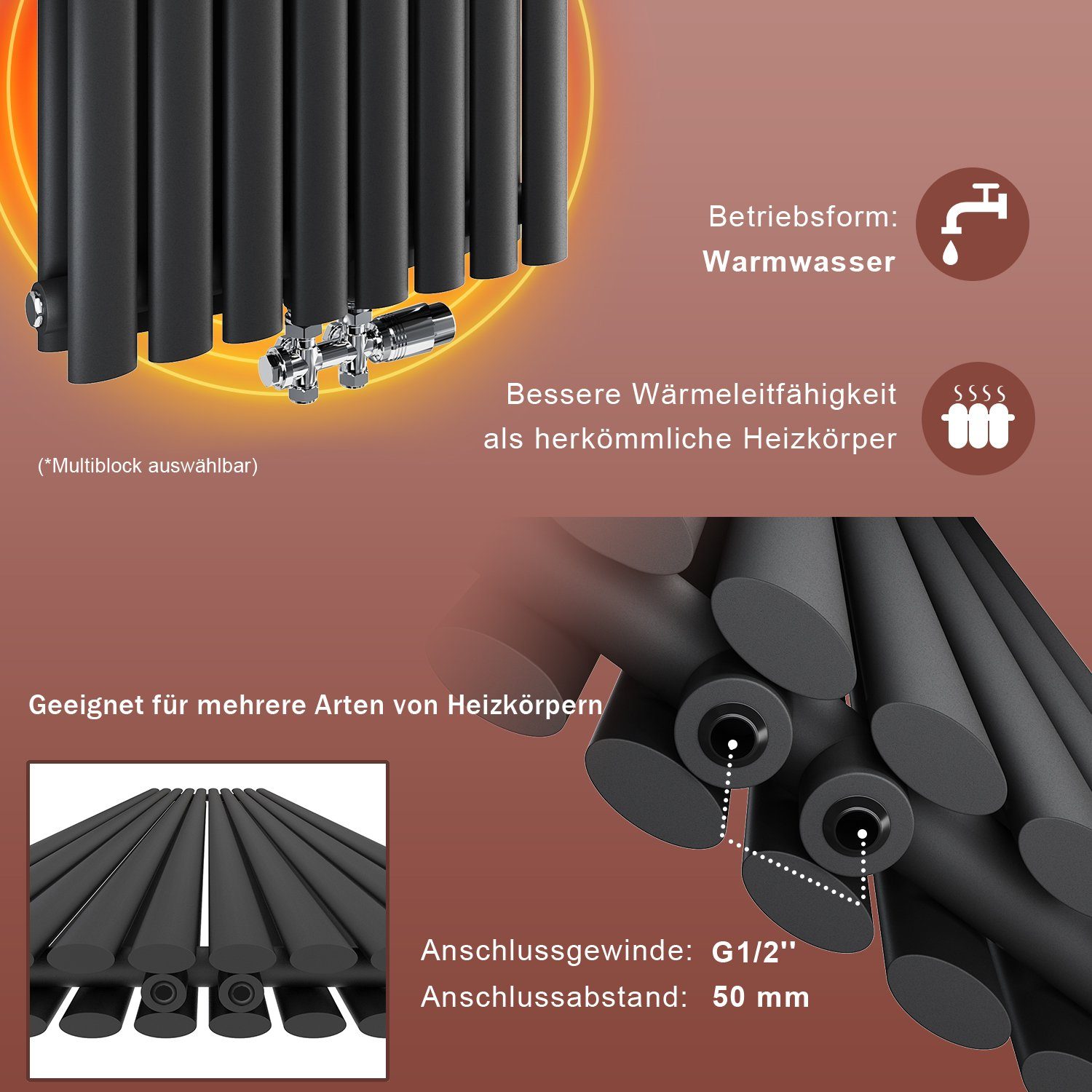 SONNI Badheizkörper Heizkörper Design Röhrenheizkörper modern mit/ohne Multiblock, Anthrazit