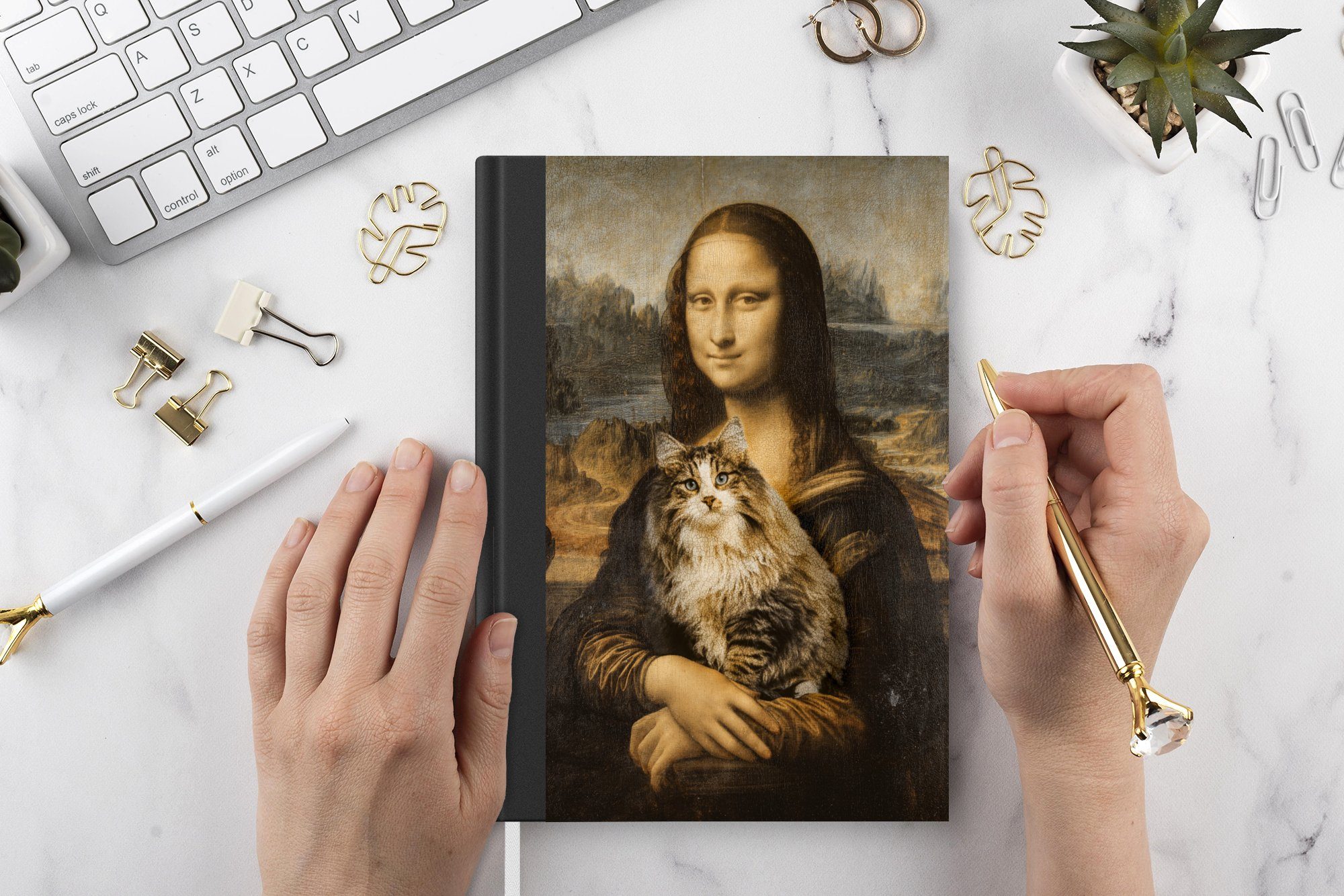 Katze Mona - Lisa - A5, Vintage Notizbuch - MuchoWow 98 Leonardo - da Vinci Alte, Merkzettel, Haushaltsbuch Kunstwerk Notizheft, Seiten, Journal, Tagebuch, -