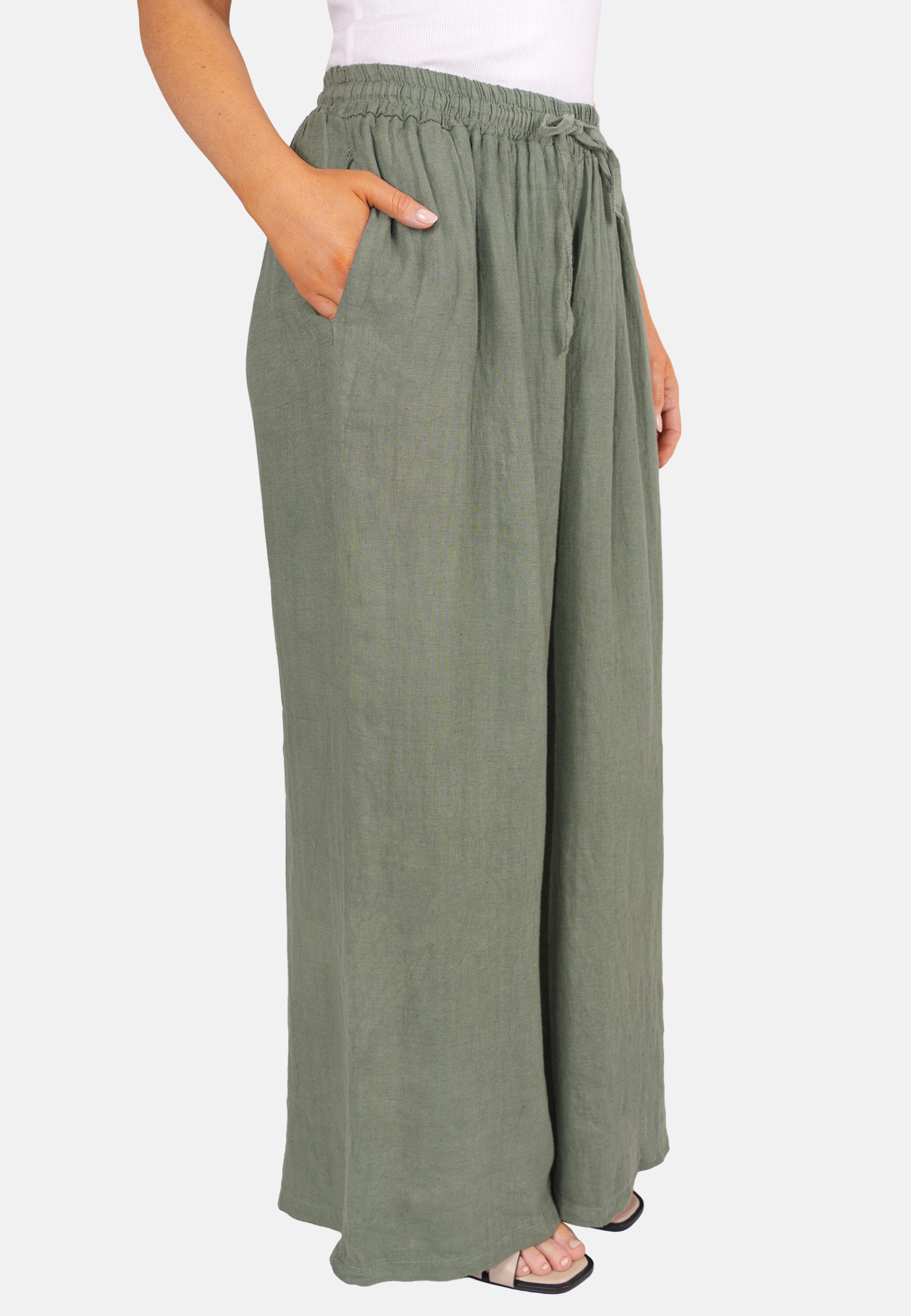 Seasons of April Leinenhose PERLA LINO (1-tlg) Leinenhose Damen Weit Perla Lang Kordelzug Elastischer Bund